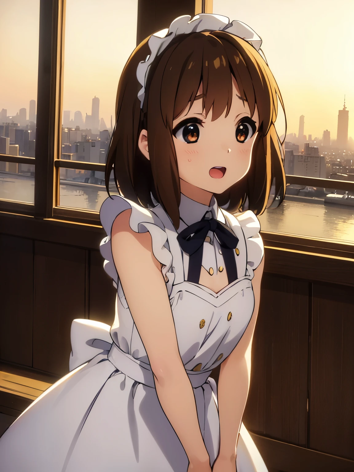 1girl, (((​masterpiece))), top-quality, top-quality, High Details, Hirasawa Yui, 1girl, two yellow hairpin, short hair, A brown-haired, brown-eyed, 独奏, maid cafe clothes, underwear, maid cafe uniform, full body, full image, rainy weather, illustratio, comic strip, soothing tones, Subdued Color, Soft cinematic light, adobe lightroom, photolab, HDR, intricately and hyper-detailed、(((depth of fields))))。(((​masterpiece)))。(((top-quality))).)((ultra-detailliert)))。(((illustratio)))。(((takeout))).dynamic focus.big breasts.(((Skyscrapers))).(((A city scape))).(((Face of happiness))). open mouth.(((put hands on the hip))).(((up chest))).((afternoon glow)).((the setting sun)).