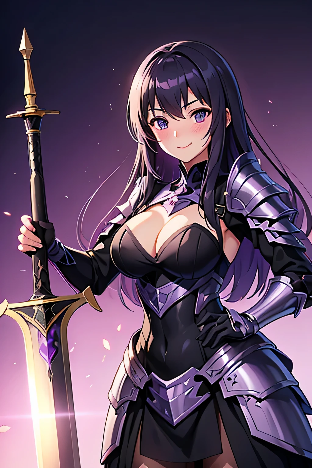 beautiful female with black knight armor, sword, smile and blush, purple aura