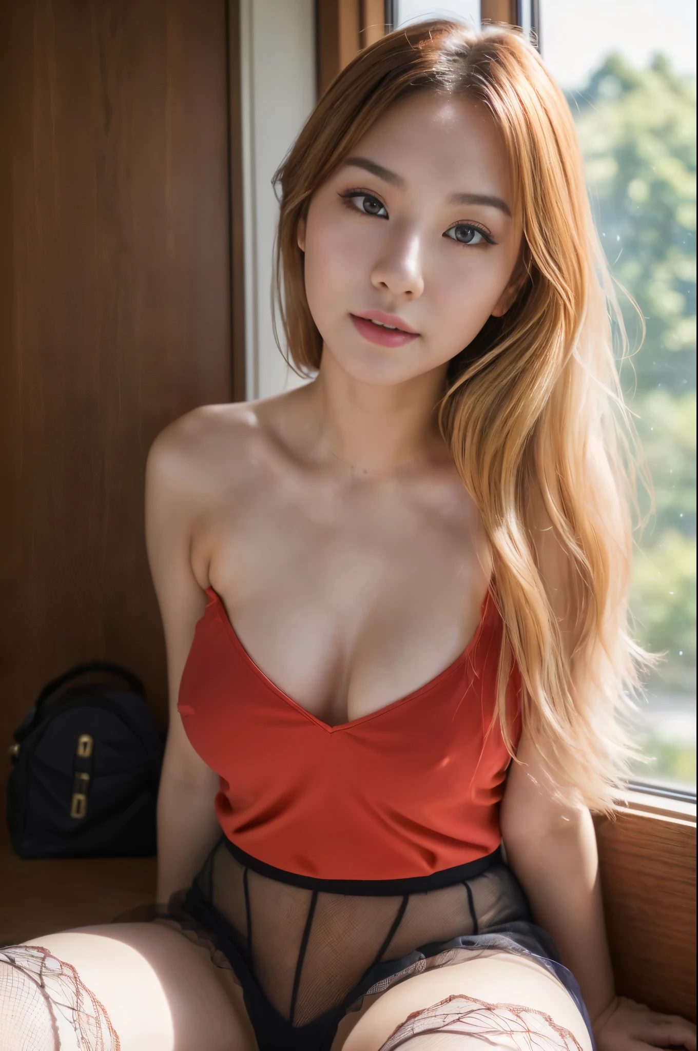 real、8k、Master Bees、28 years old、1 female、A woman wearing a red top is sitting on the window sill,high definition face、sensual model posing、 black net high knee stockings、skirt, ( ( stop 4 # ) ), , sakimichan, ❤🔥🍄🌪, realな若手グラビアアイドル, sakimi chan, stop 4 *, stop 4, pretty face with arms and legs, shikamimi