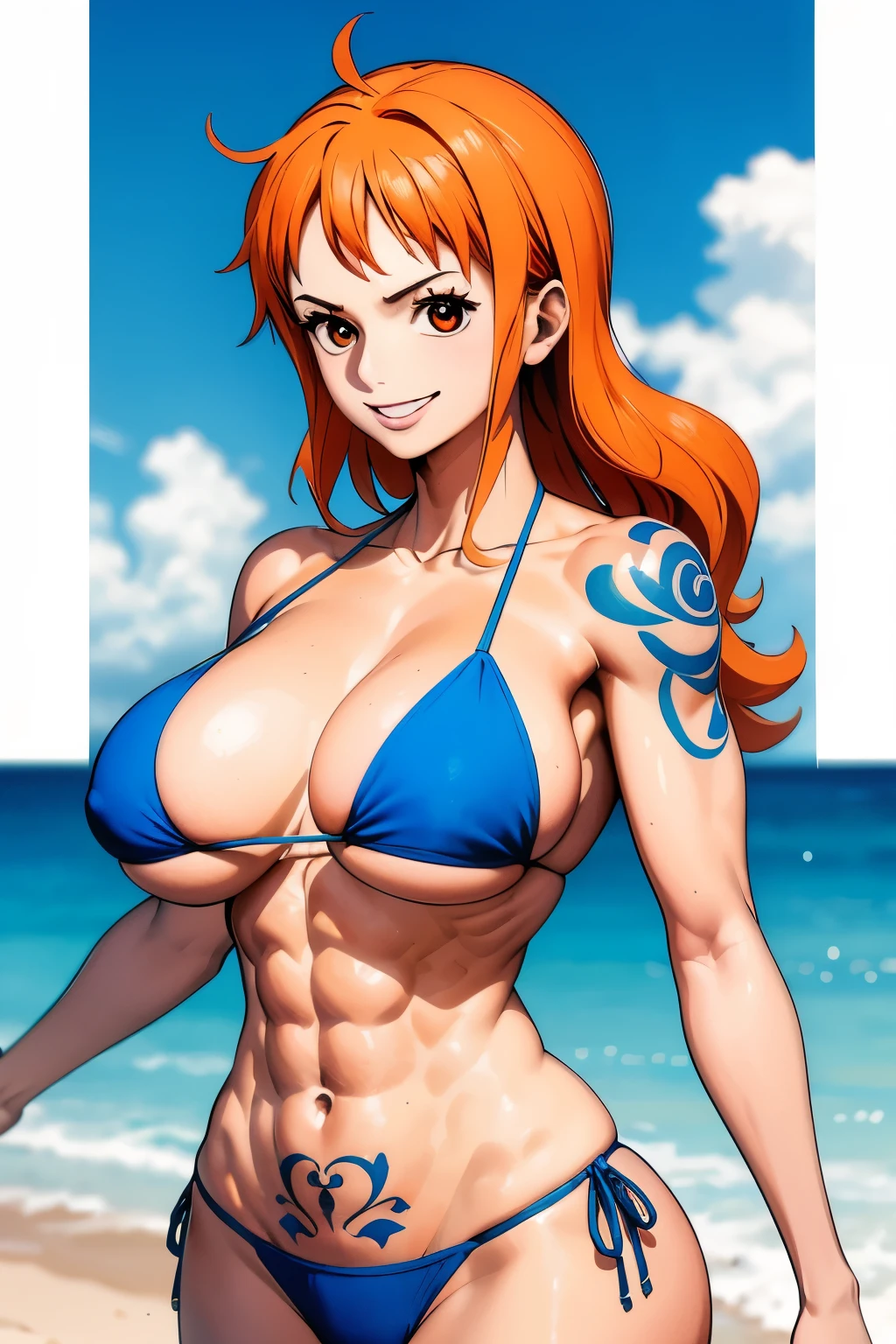 best quality, masterpiece, over the sea,1girl, (abs:1.3), orange hair, blue bikini, muscular, tattoo on shoulder, smile, (big breasts:1.3), whole body, arms behind head