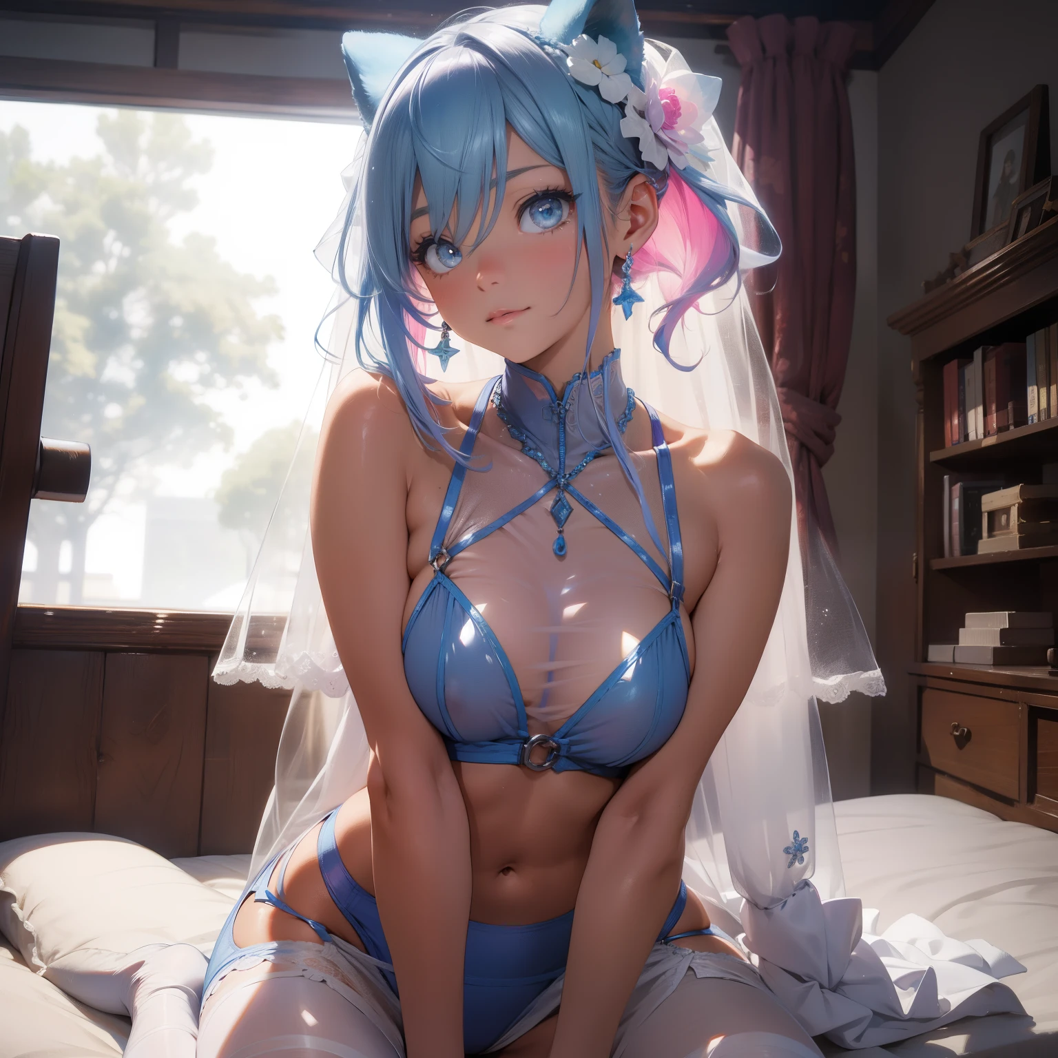 (quality)), ((masterpiece)), Recommended results、puffy nipples、(see through:1.5)、straighten your back、abdominal muscles、huge bust、angle to floor:1.2、low camera angle、Hair loss on crotch，Hatsune Miku，((masterpiece, 最好的quality)), Detailed face,  perfect proportions，full of details, Cute poses and expressions, Very detailed, Tempting，Blue-pink gradient hair color，delicate eyes, Wedding dress
