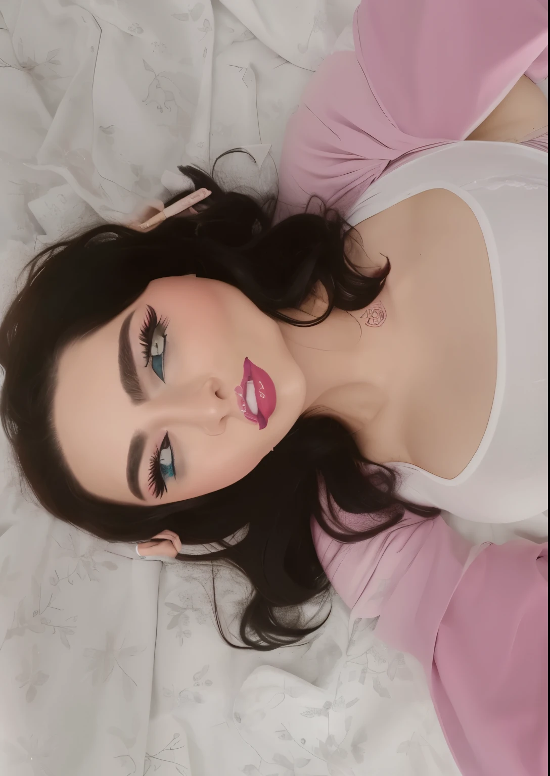 Hay una mujer acostada en una cama con una camisa rosa, cara sexy con maquillaje completo, mejillas rosadas, piel suave y rosada, cara rosada, Labios rosados, algo de rosa, pale skin persian girl, maquillaje espeso y elegante, Devon Lee Carlson, con maquillaje profesional, mirada sensual, shy looking down, Devon Lee Carlson, muchacha rosada, labios claros y de alta calidad, glowing cara rosada