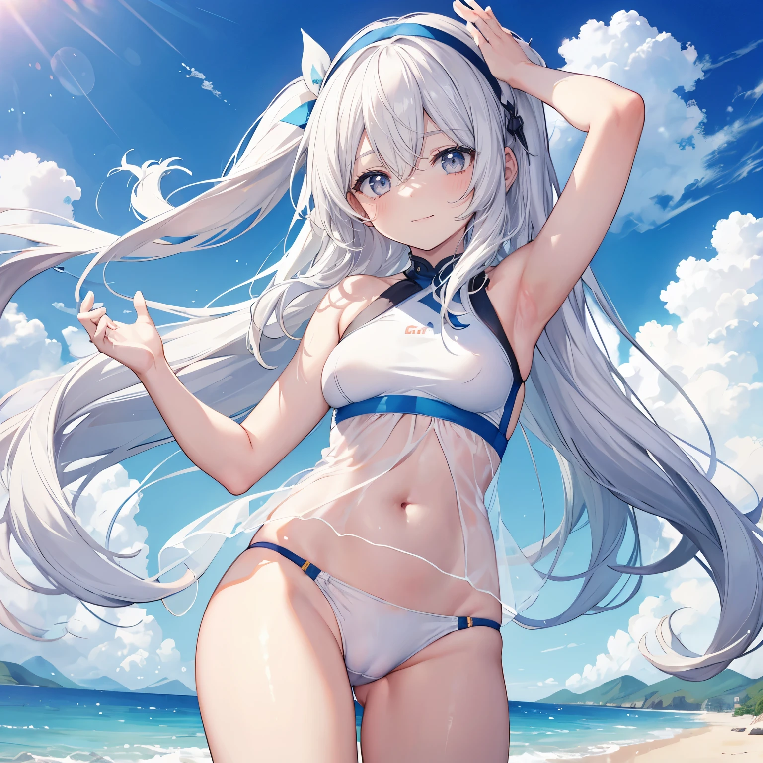 White color hair,long hair,Bangs,Bangs整齐,White headband,gray eyes,girl,swimsuit,camel toe,happy expression,Background beach blue sky and white clouds