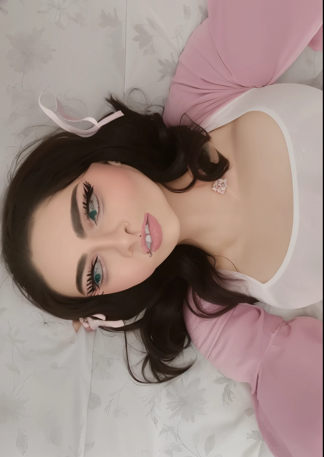 Hay una mujer acostada en una cama con una camisa rosa, cara sexy con maquillaje completo, mejillas rosadas, piel suave y rosada, cara rosada, Labios rosados, algo de rosa, pale skin persian girl, maquillaje espeso y elegante, Devon Lee Carlson, con maquillaje profesional, mirada sensual, shy looking down, Devon Lee Carlson, muchacha rosada, labios claros y de alta calidad, glowing cara rosada