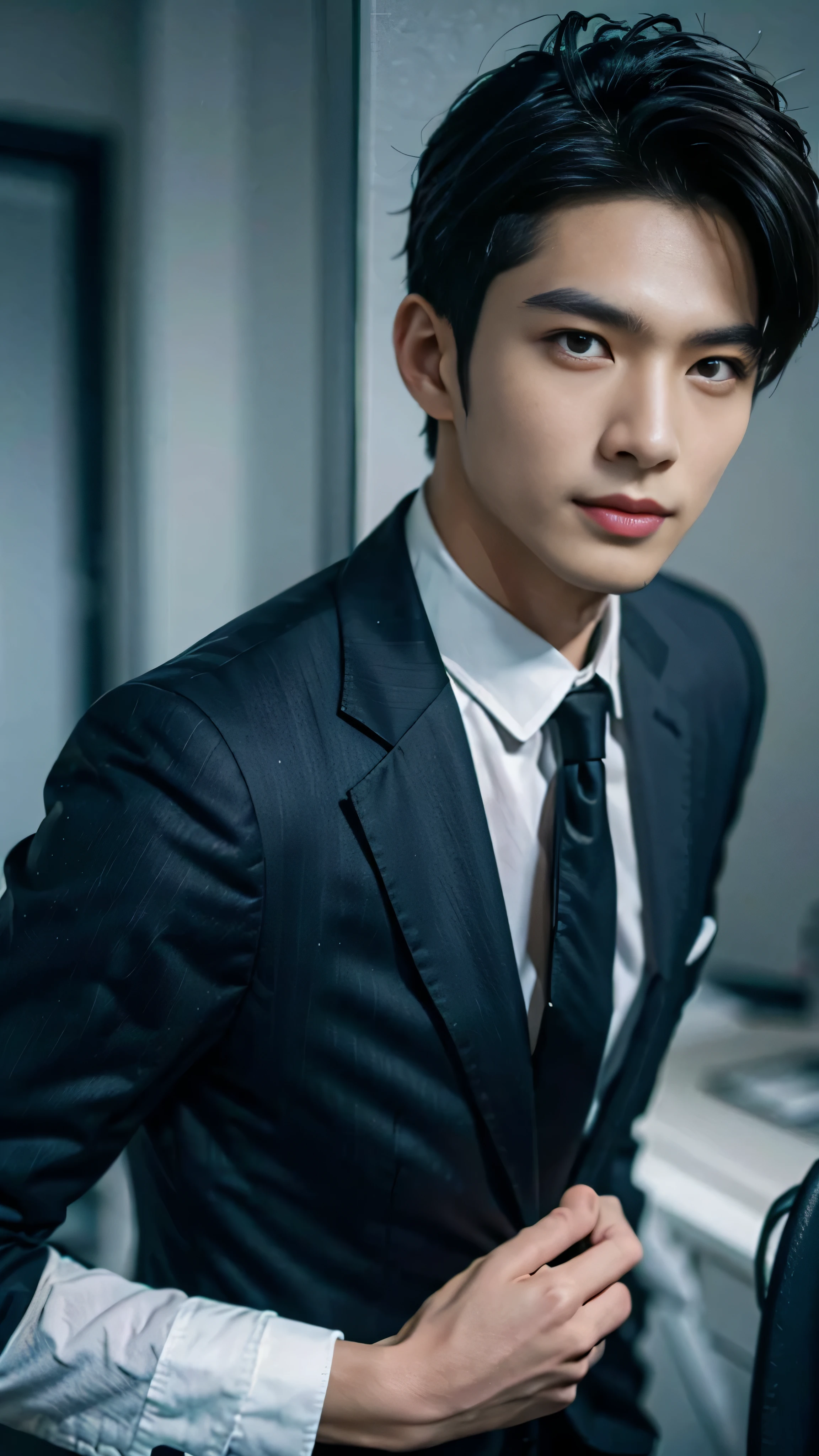 ((Men)), (head shot), (frontal face), (half body view), (Handsome muscular man in his 30s wearing black luxury suit with black necktie), zi wang (prince chiu), Mischievous smile, (detail: 1 in 1), Natural muscles, HIG quality, beautiful eyes, (Detailed face and eyes), (Face、: 1 / 2), Noise, Real Photographics, ... ...................................................................................................PSD, Sharp Focus, High resolution (8K), realistic & Professional Photography, 8K UHD, Soft lighting, High quality, Film grain, FujifilmXT3