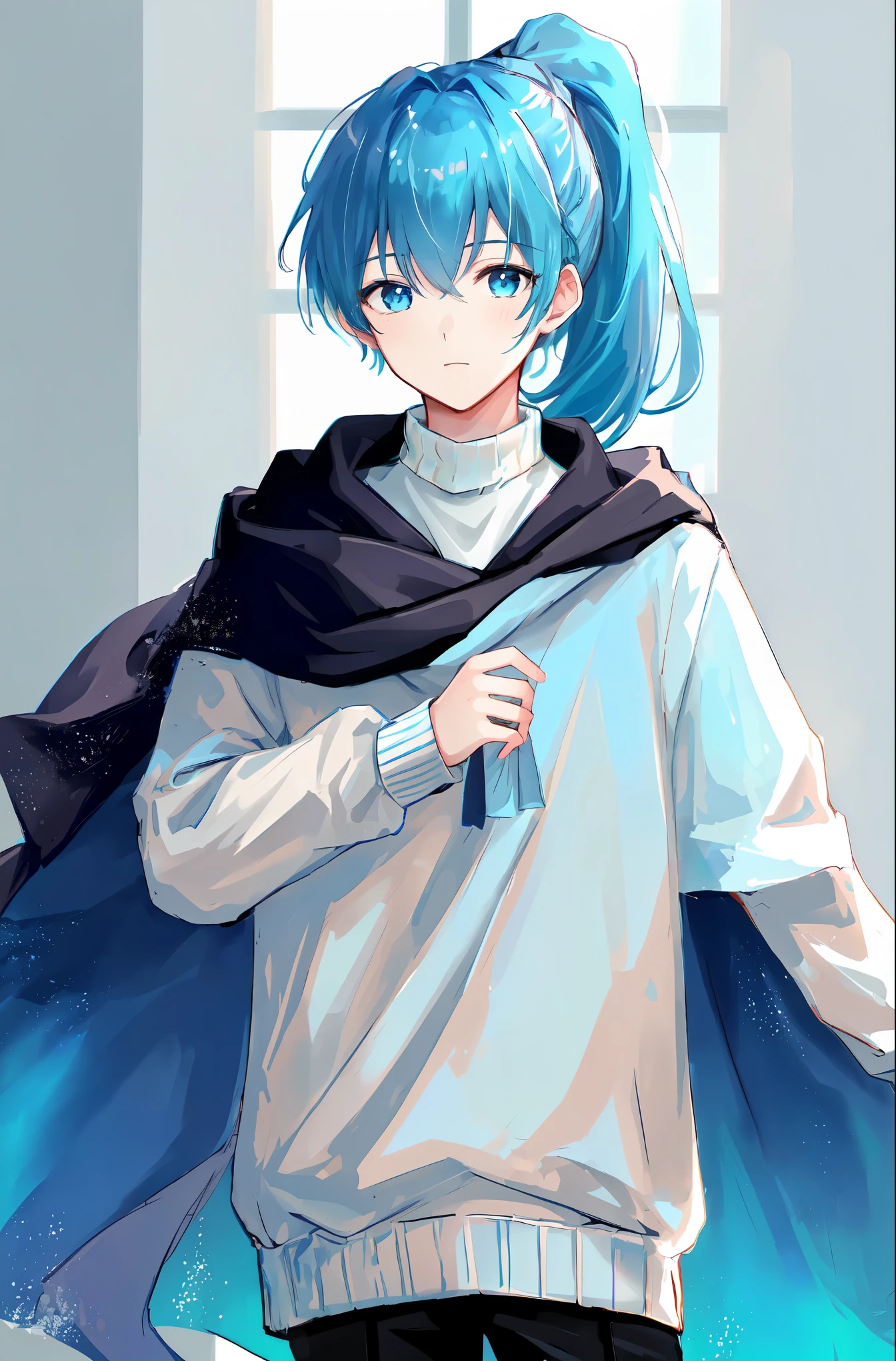 (((Ultra-HD-quality-details, relaxed))) emphasized-details:2, 1boy, male-focus, turtleneck-sweater, pants, cloak, (((light-blue-hair, high-ponytail, light-blue-eyes)))