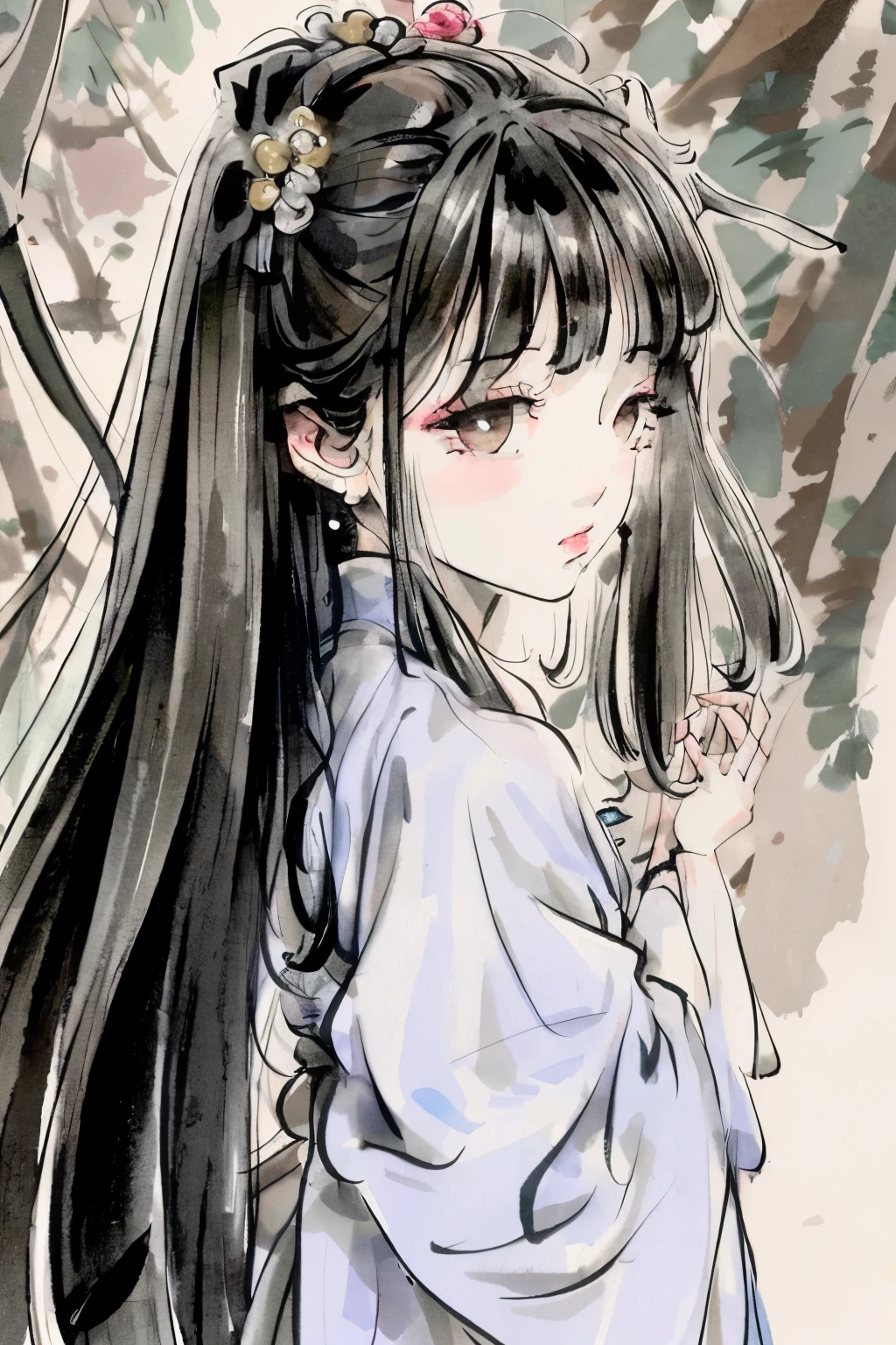 A Chinese girl, approximately seventeen years old, with long, black hair flowing behind her, gracefully walks through Suzhou gardens during a rainy environment. Her attire consists of a traditional horse-skirt, adding an authentic touch to her appearance in this masterpiece. The raindrops gently cascade down her hair and clothing, capturing every intricate detail in this ultra high resolution, exquisitely detailed image.
