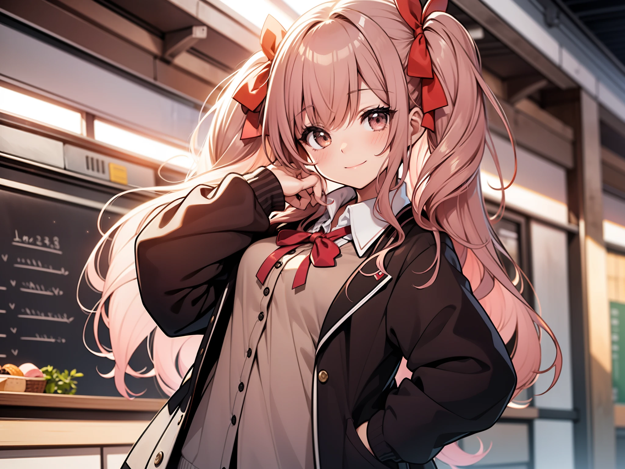 1girl, blush, brown eyes, brown hair, hair ribbon, hand on hip, long hair, looking at viewer, pink hair, ribbon, school uniform, smile, solo, twintails, two side up