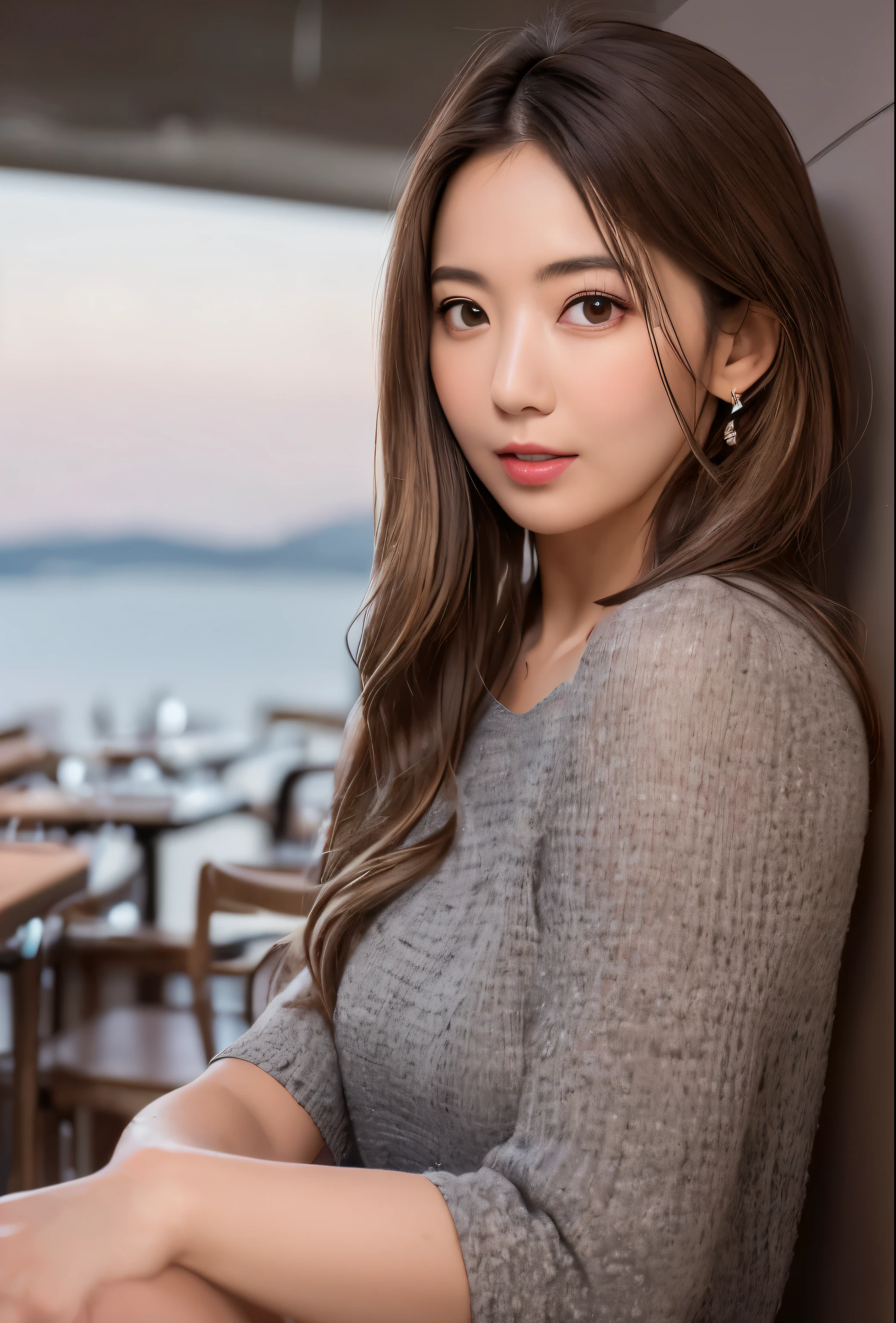 (8k, highest quality, masterpiece: 1.2), (realistic, photorealistic: 1.37), Super detailed, single girl, cute, alone, midnight, beautiful and detailed sky, Detailed cafe, sitting, date, (blush), (smile: 1.15), small breasts (closed your mouth), Beautiful little eyes, Floating hair NovaFrogStyle, open back dress