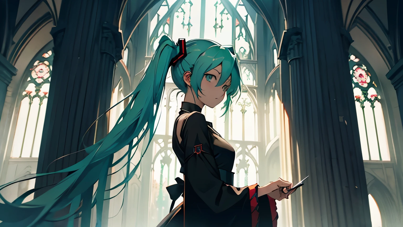 Suspicious Hatsune Miku in black folk costume red and green world gothic architecture