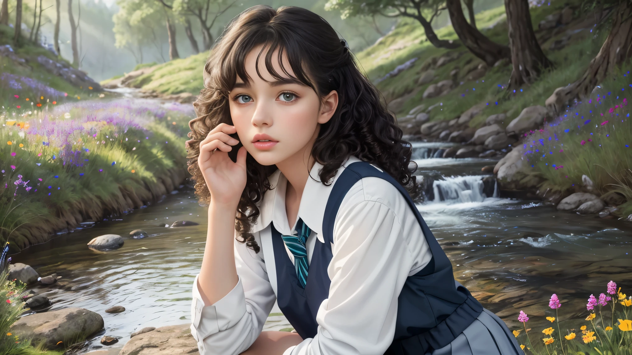 beautiful detailed eyes, beautiful detailed lips, happy expression, curly hair, school uniform, sitting on a grassy mountain slope, surrounded by colorful wildflowers, a small creek flowing nearby, birds chirping in the background, gentle sunlight illuminating the scene, peaceful and serene atmosphere, highres, ultra-detailed, vivid colors, soft pastel color palette, studio lighting.