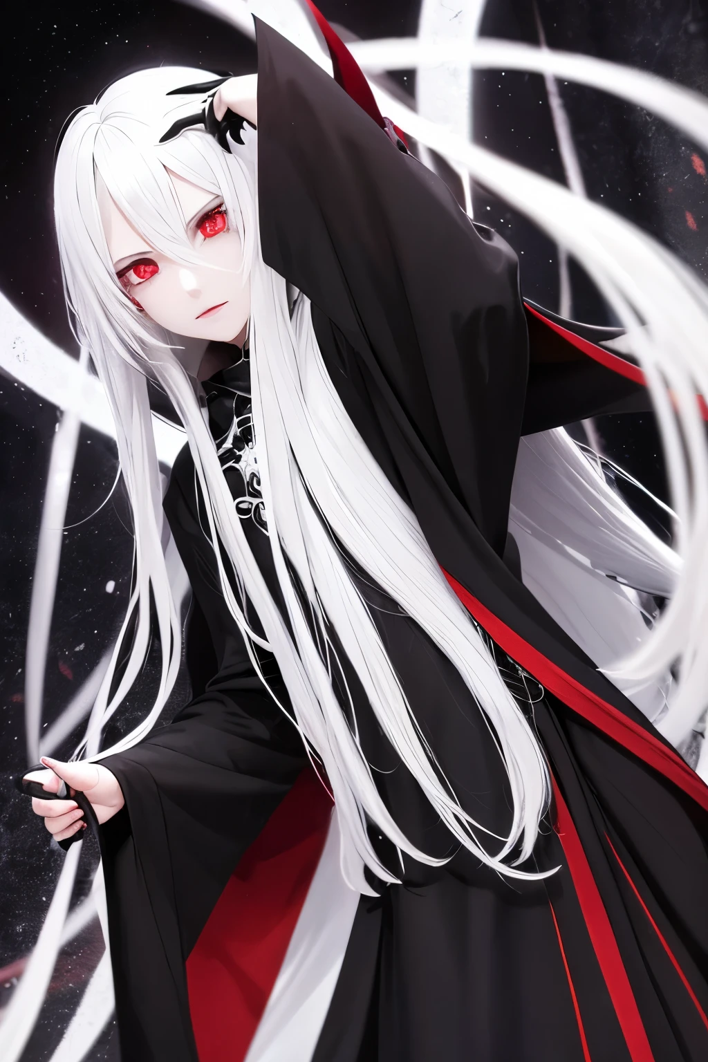 pale skin，dark风，wearing leg rings，long white hair，black eye shadow，red eyes，Abstinence，dark，back view，goat horn，sickle，grim Reaper
