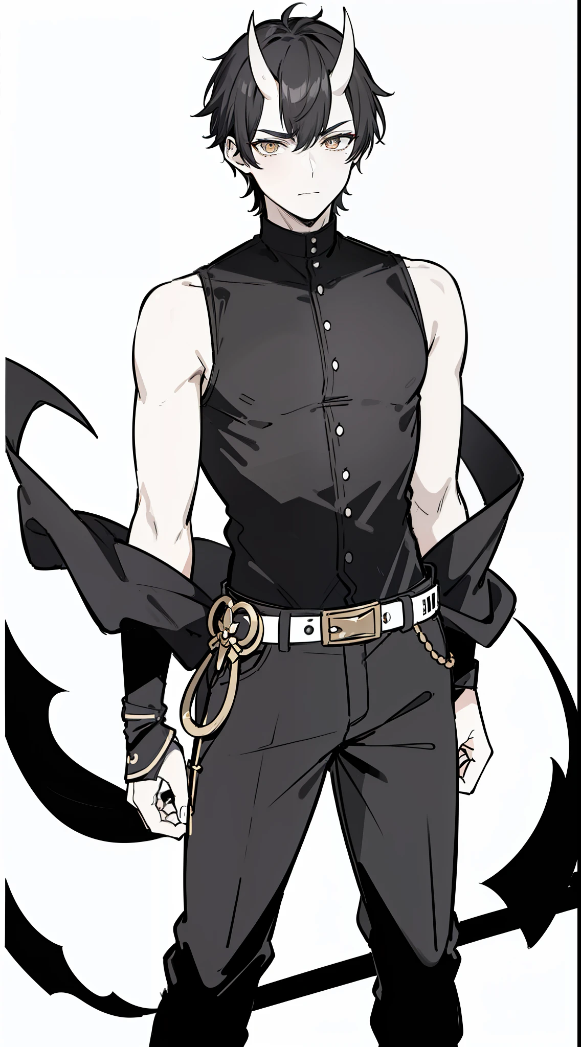 (1oni boy,20s,mature male),solo,black hair,oni horns,serious,short hair,((black shirt,sleeveless,black pants))),cowboy shot,(white background,line drawing),standing,serious
