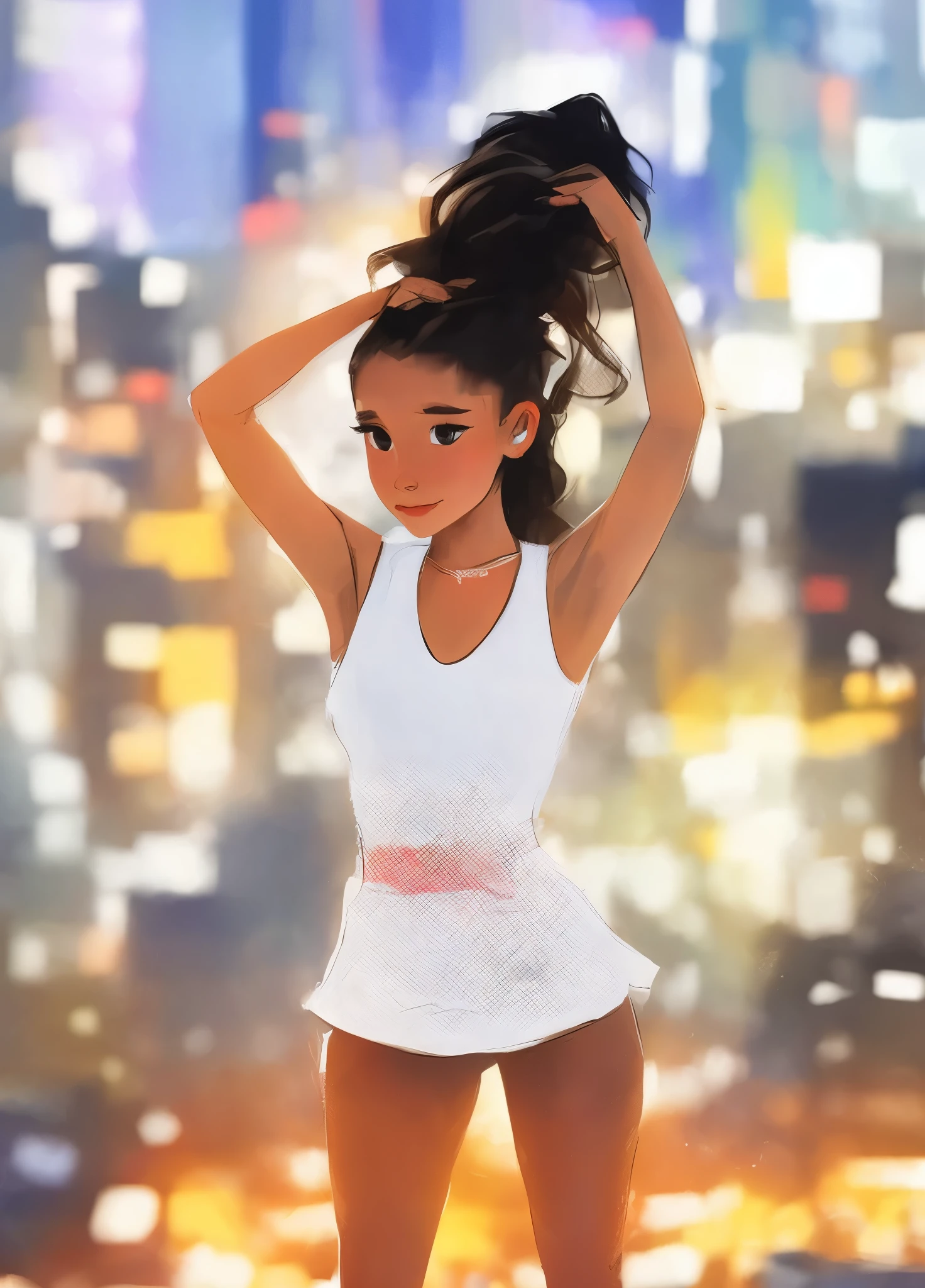 (best quality,ultra-detailed,portrait,illustration:1.2),Ariana Grande with a ponytail, a woman, detailed eyes and lips, a highly detailed portrait of Ariana Grande, her hair tied in a ponytail, with (Samdoesart)'s style, set in a vibrant city background with tall buildings, bright lights, and bustling streets.
