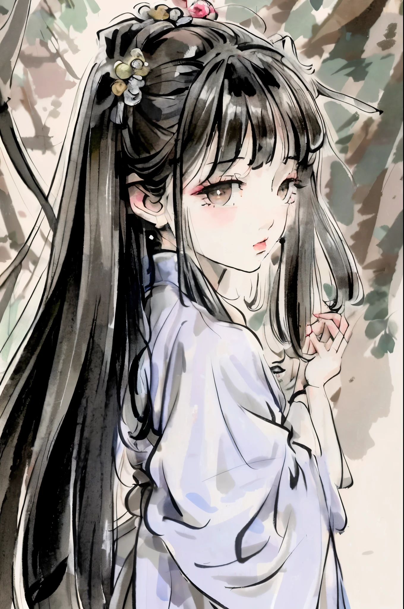 A Chinese girl, approximately seventeen years old, with long, black hair flowing behind her, gracefully walks through Suzhou gardens during a rainy environment. Her attire consists of a traditional horse-skirt, adding an authentic touch to her appearance in this masterpiece. The raindrops gently cascade down her hair and clothing, capturing every intricate detail in this ultra high resolution, exquisitely detailed image.