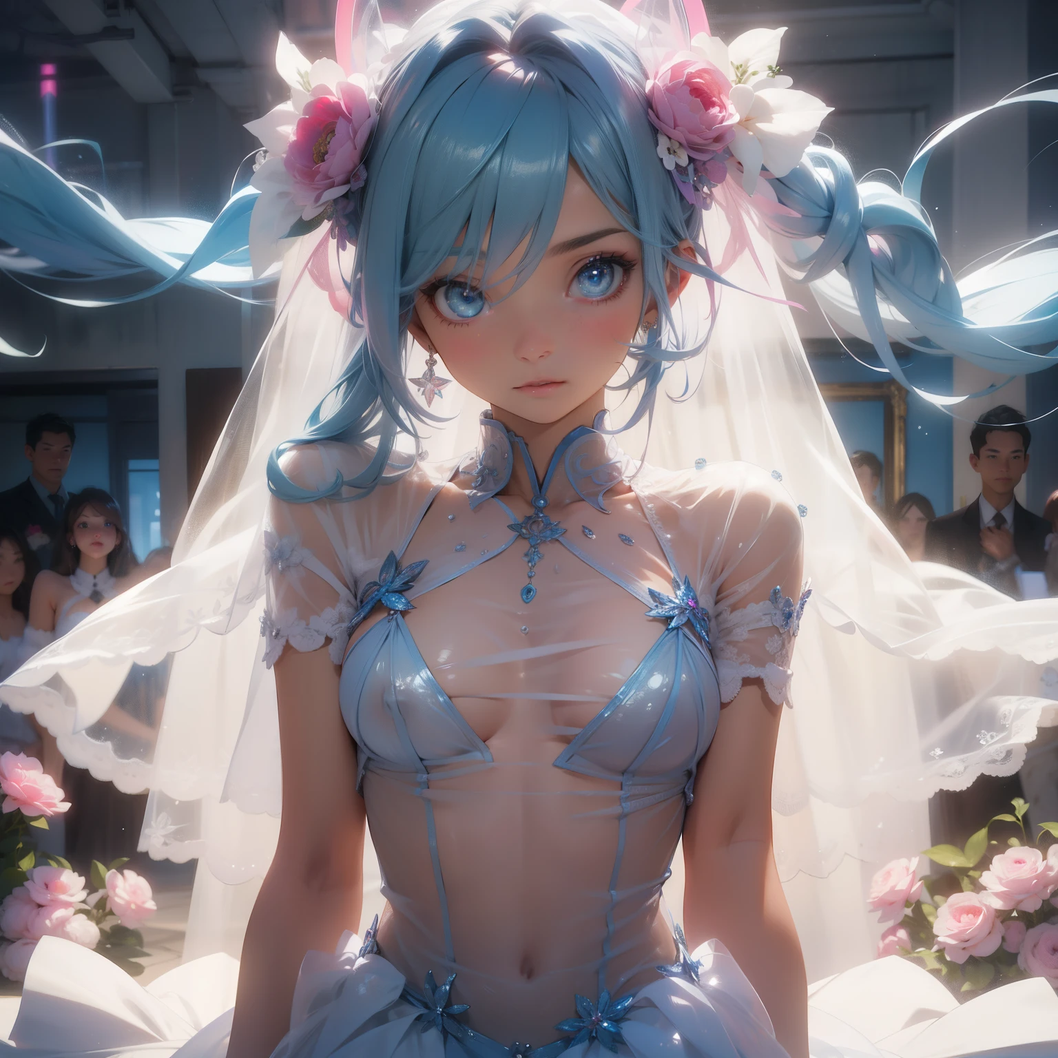 (quality)), ((masterpiece)), Recommended results、puffy nipples、(see through:1.5)、straighten your back、abdominal muscles、huge bust、angle to floor:1.2、low camera angle、Hair loss on crotch，Hatsune Miku，((masterpiece, 最好的quality)), Detailed face,  perfect proportions，full of details, Cute poses and expressions, Very detailed, Tempting，Blue-pink gradient hair color，delicate eyes, Wedding dress
