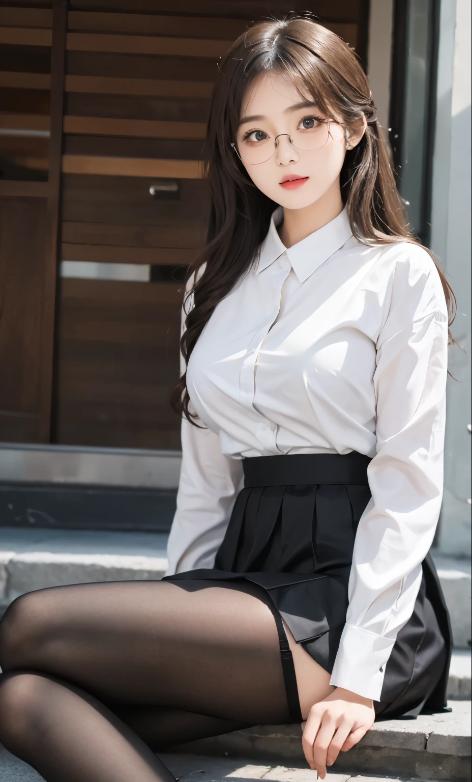 ulzzang-6500-v1.1, (original photo:1.2), (lifelike:1.4), Beautiful and delicate girl, Very detailed eyes and face, Beautiful and delicate eyes, Ridiculous, incredibly Ridiculous, File size is huge, super detailed, high resolution, Very detailed, best quality, masterpiece, ((fashion clothing,Various colors)), illustration, Very detailed, CG, Unite, 8k wallpaper, Astonishing, Fine details, masterpiece ,best quality, Very detailed CG uniform 8k wallpaper, There is light on the face, light, 1 girl, 16 years old, long white hair, side splits, (big breasts), (No)), (Glasses), ((dynamic poses))), ((sexy pose))), (camel toe), (half), (pantyhose)), ((black hip skirt))