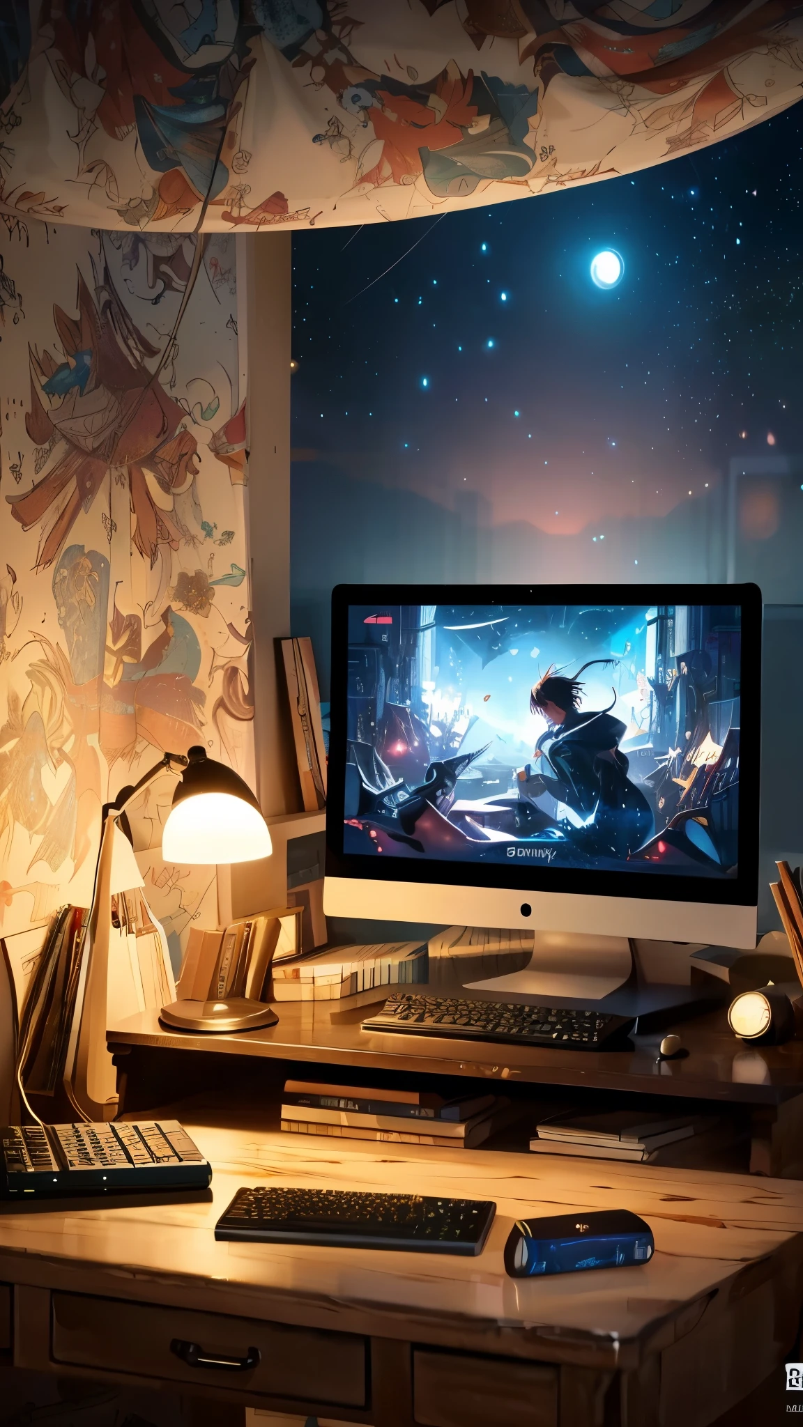 (best quality,4k,8k,highres,masterpiece:1.2), (anime,animated,animated art:1.2),(boy,anime boy:1.1,detailed boy),(desk, detaled desk,wooden desk),(computer monitor,detailed computer monitor),(anime wallpaper 8k, 4k anime wallpaper,anime art wallpaper 4k),(anime background art,anime wallpaper 4k,4k manga wallpaper),(digital art,pixiv digital art),(peaceful night,digital illustration)