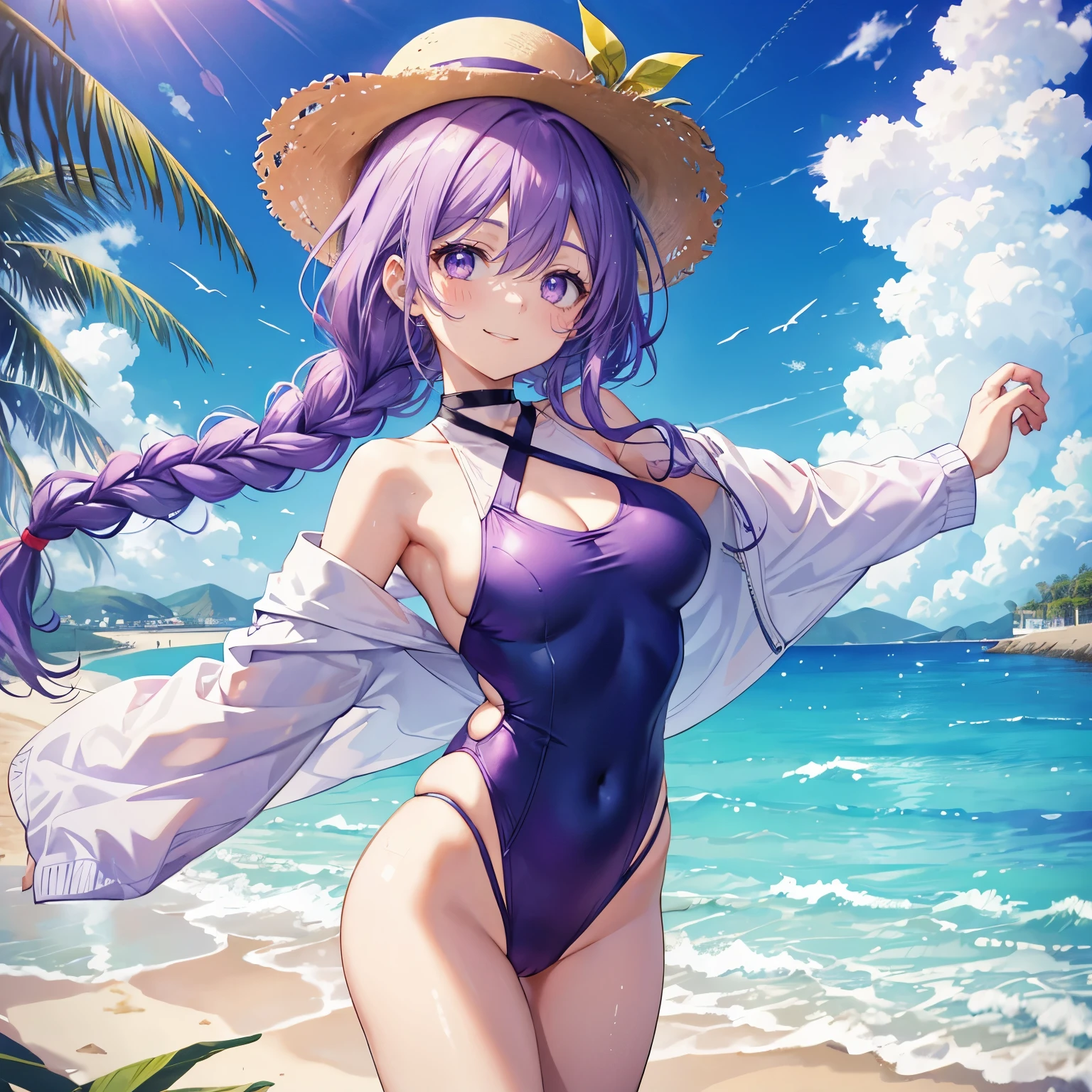 purple hair,purple eyes,braids,one-piece swimsuit,camel toe,Happy and happy expression,Background beach seaside blue sky and white clouds