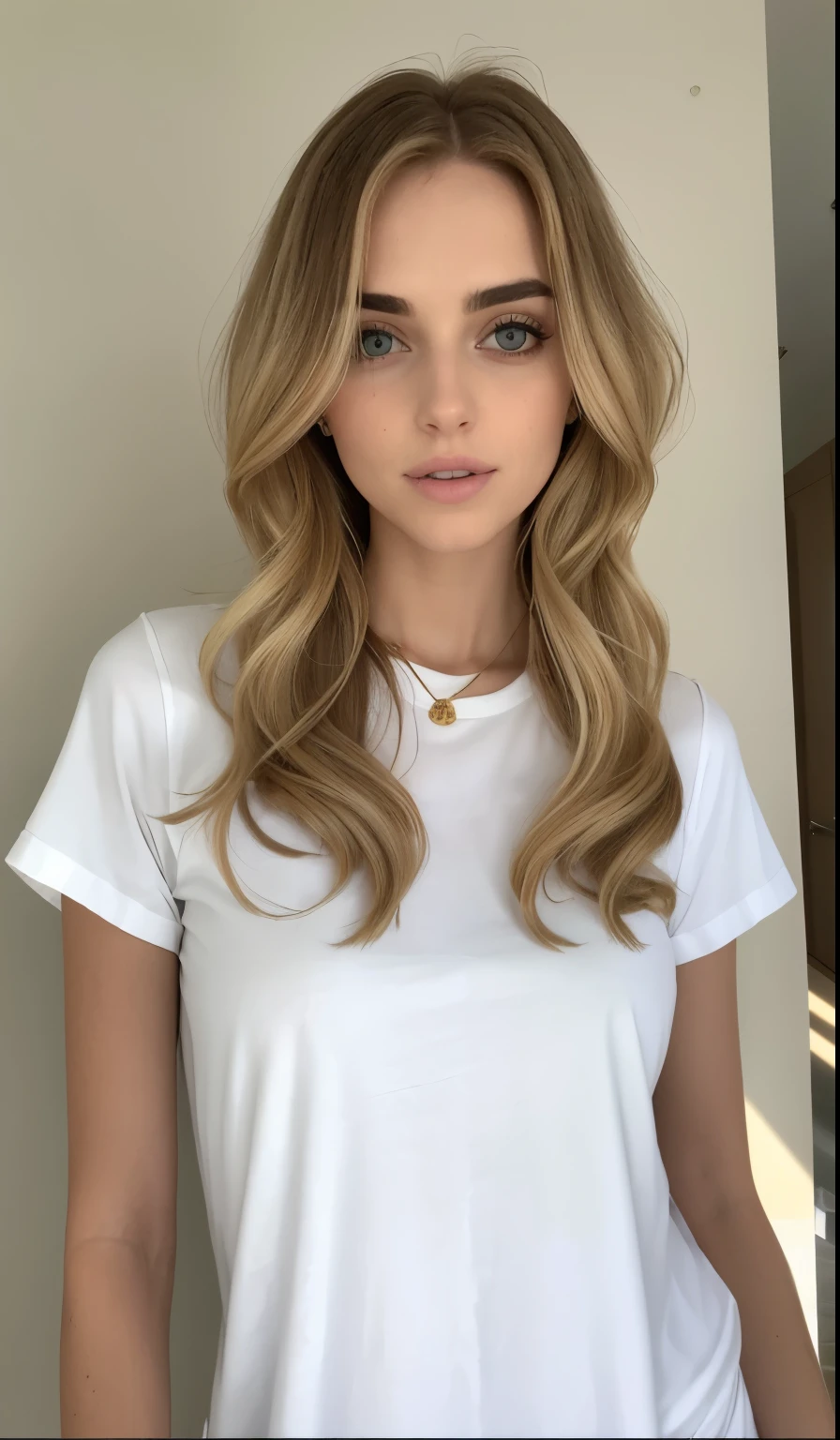 um close de uma mulher com longos cabelos loiros vestindo uma camisa branca, uma loira linda, vestido com uma camiseta branca, morena com cabelos tingidos de loiro, Cabelo macio, Deusa Loira, lindo cabelo loiro, blonde and attractive features, com longos cabelos loiros, cabelo loiro longo e ondulado, Julia Sardenha, cabelos ondulados espalhados, Cabelo loiro limpo, flowing golden hair