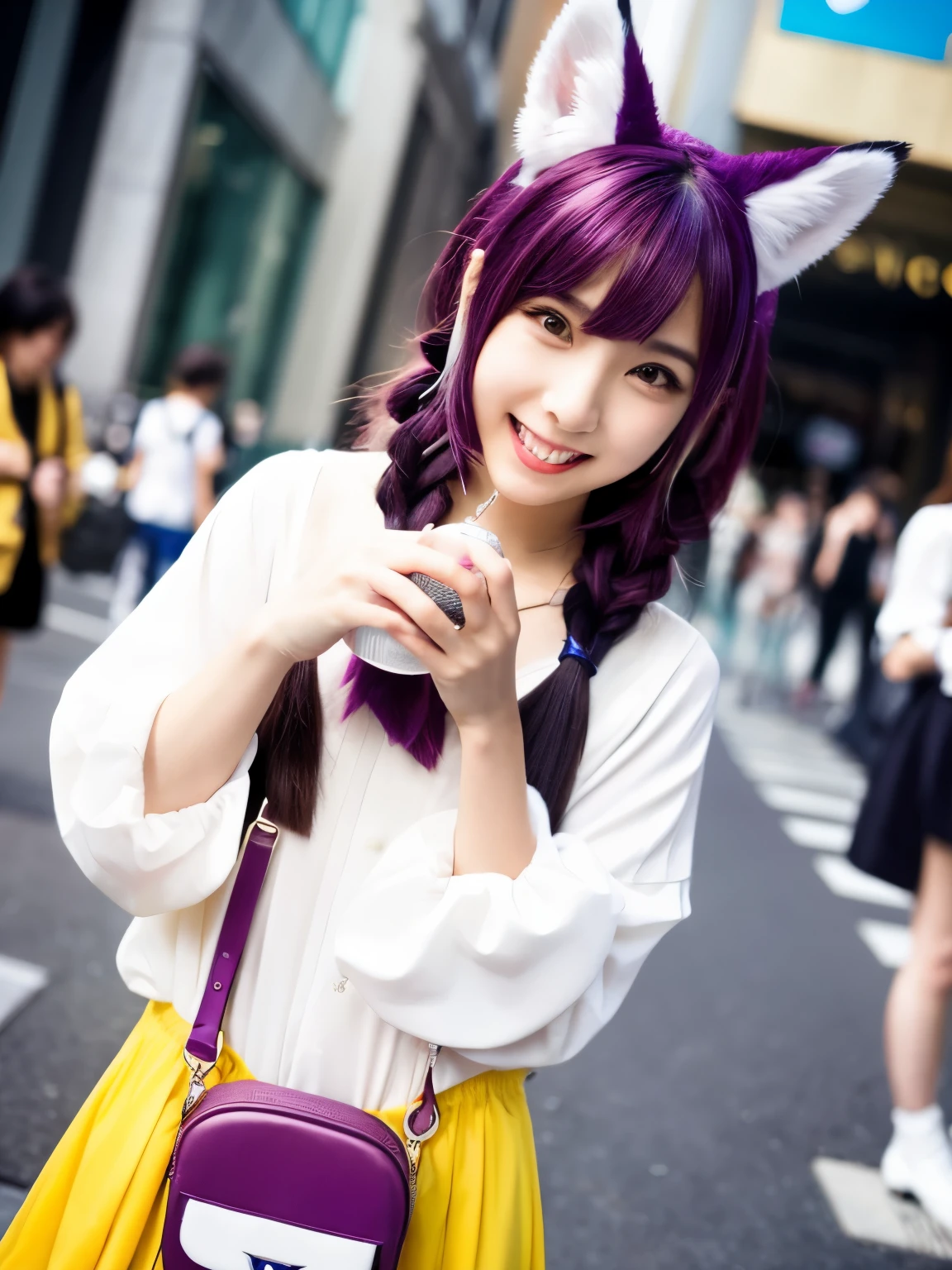 Kemo ears、tail、fox ears、fox tail、Reddish-purple hair、Wine red hair、yellow eyes、golden eyes、Riko Sakurauchi、Hidden in one eye、first round、cute、High resolution、Very detailed、girl、Alone、fashionable clothes、girly clothes、cool clothes、Stylish cityscape、A developing cityscape、anime、half twin tail、two side up、double teeth