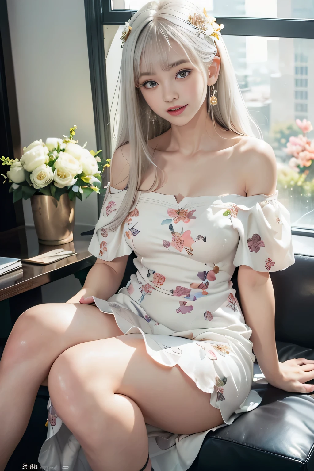 ((Girl sitting on office reception chair and crossing legs)), silver hair, bangs, 鈍いbangs, long straight hair, aqua eye, long eyelashes, three-dimensional round eyes, compensate, open your mouth, blush, parted lips, bright eyes, smiley, enchanting smile, shine, surrealism, modern、black pantyhose、high heels、((pure white dress、floral dress、、off shoulder、: 1.6))、Skyscrapers are hazy in the windows、mix4、(sexy pose)、