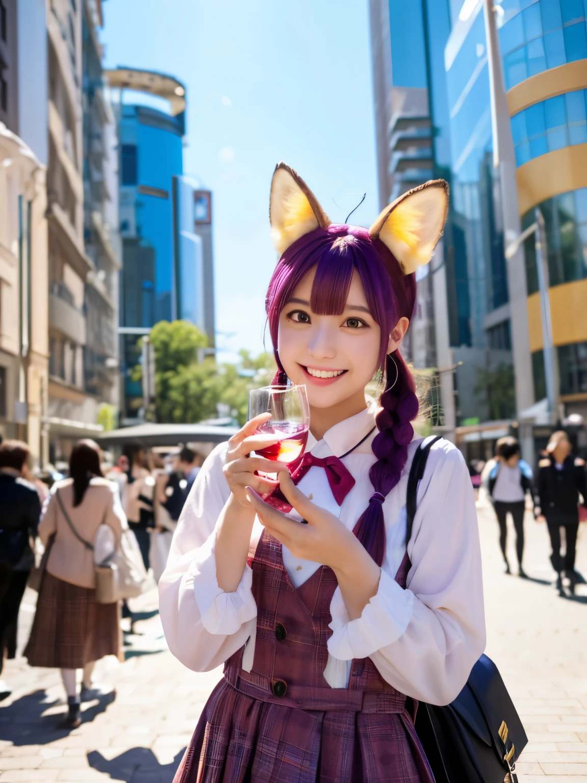 Kemo ears、tail、fox ears、fox tail、Reddish-purple hair、Wine red hair、yellow eyes、golden eyes、Riko Sakurauchi、Hidden in one eye、first round、cute、High resolution、Very detailed、girl、Alone、fashionable clothes、girly clothes、cool clothes、Stylish cityscape、A developing cityscape、anime、half twin tail、two side up、double teeth