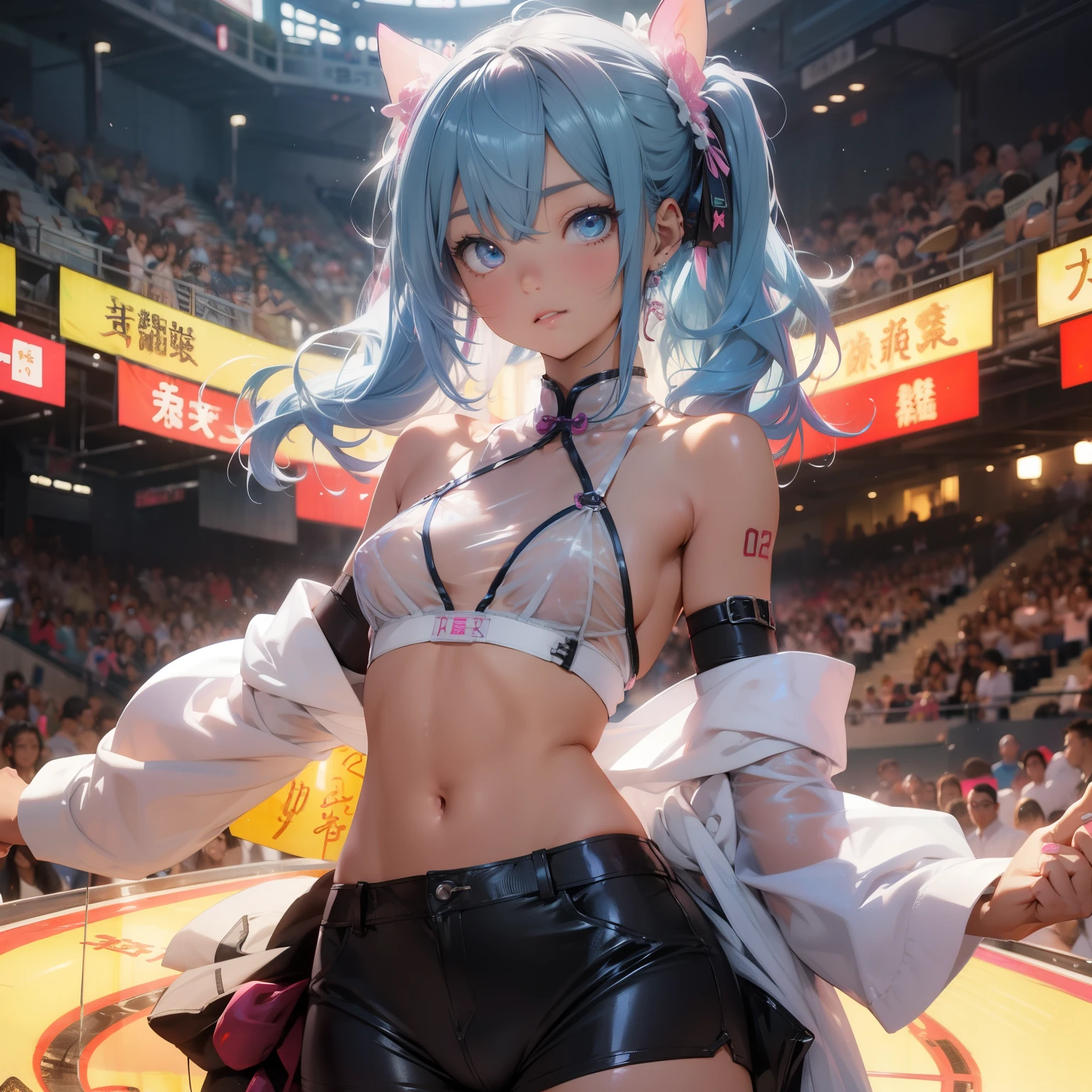 (quality)), ((masterpiece)), Recommended results、puffy nipples、(see through:1.5)、straighten your back、abdominal muscles、huge bust、angle to floor:1.2、low camera angle、Hair loss on crotch,Hatsune Miku,((masterpiece, 最好的quality)), Detailed face, perfect proportions,full of details, Cute poses and expressions, Very detailed, Tempting,Blue-pink gradient hair color,delicate eyes, cheongsam