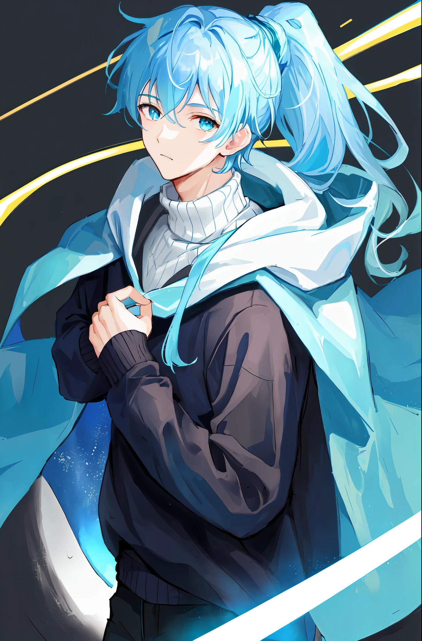 (((Ultra-HD-quality-details, relaxed))) emphasized-details:2, 1boy, handsome, turtleneck-sweater, pants, cloak, (((light-blue-hair, high-ponytail, light-blue-eyes)))