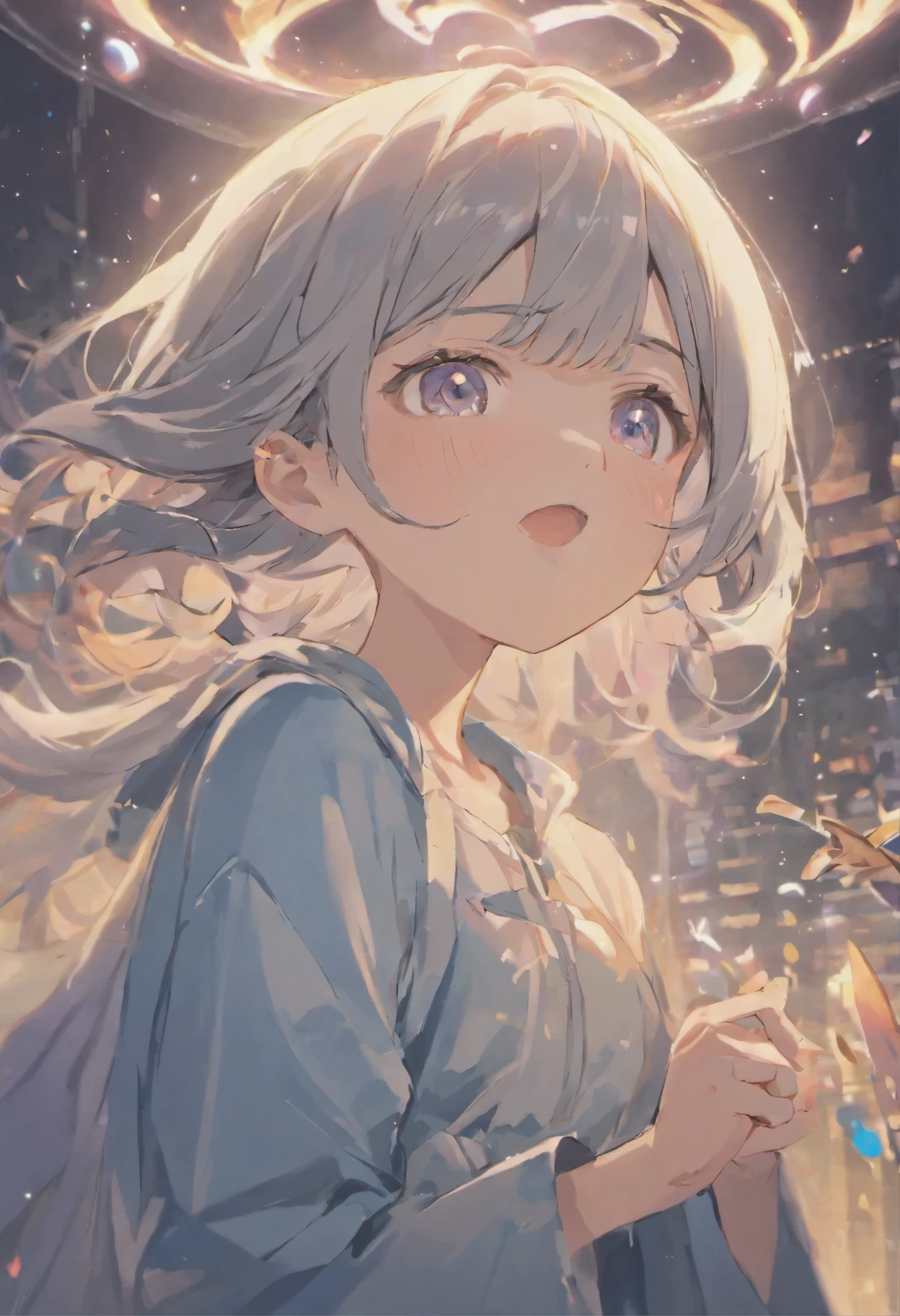 gray hair, mole under eye, Scleral mismatch, heterochromia iris, blush, shy, laughter, bell, ray tracing, god&#39;s light, backlight lighting, shining light