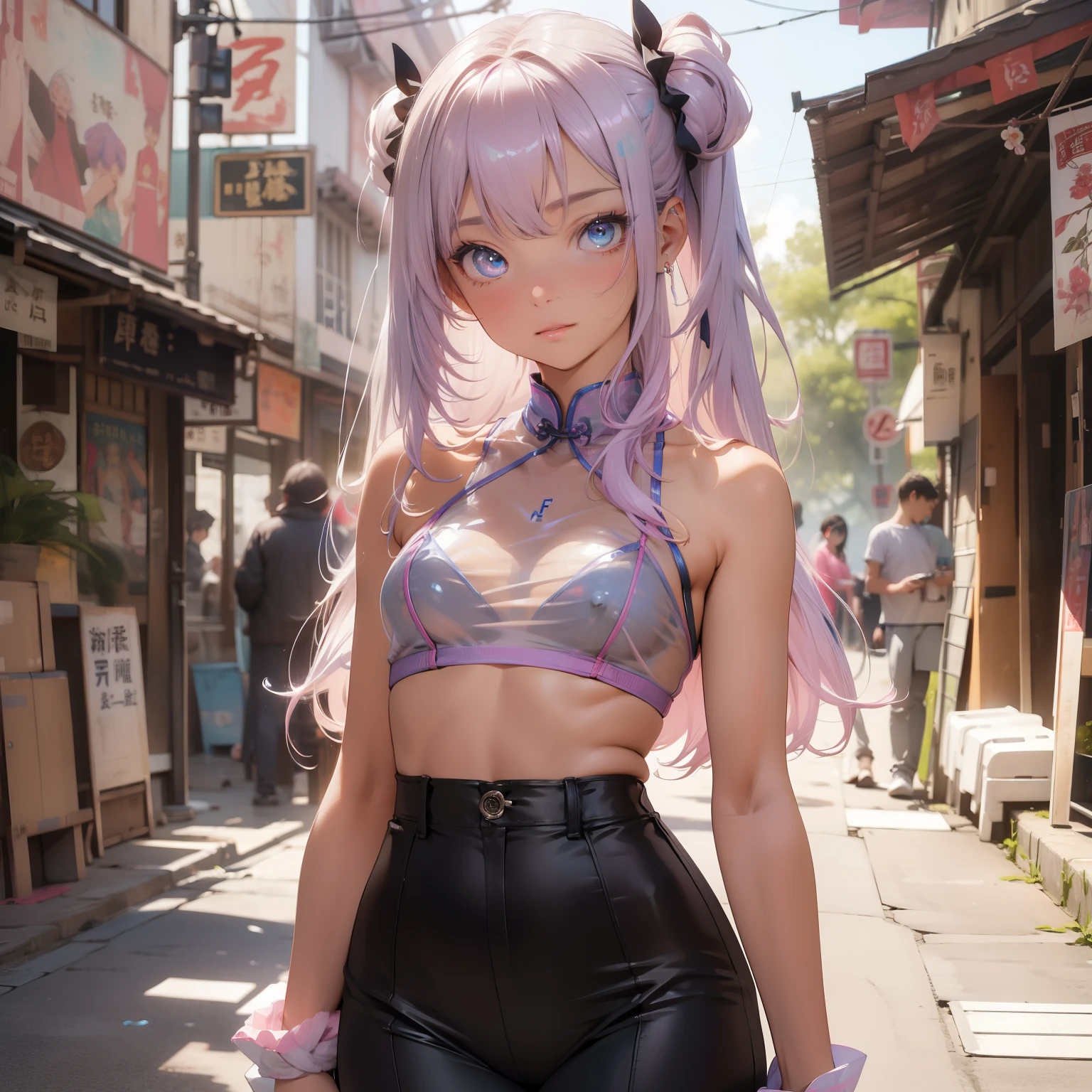 (quality)), ((masterpiece)), Recommended results、puffy nipples、(see through:1.5)、straighten your back、abdominal muscles、huge bust、angle to floor:1.2、low camera angle、Hair loss on crotch，Hatsune Miku，((masterpiece, 最好的quality)), Detailed face,  perfect proportions，full of details, Cute poses and expressions, Very detailed, Tempting，Blue-pink gradient hair color，delicate eyes, cheongsam