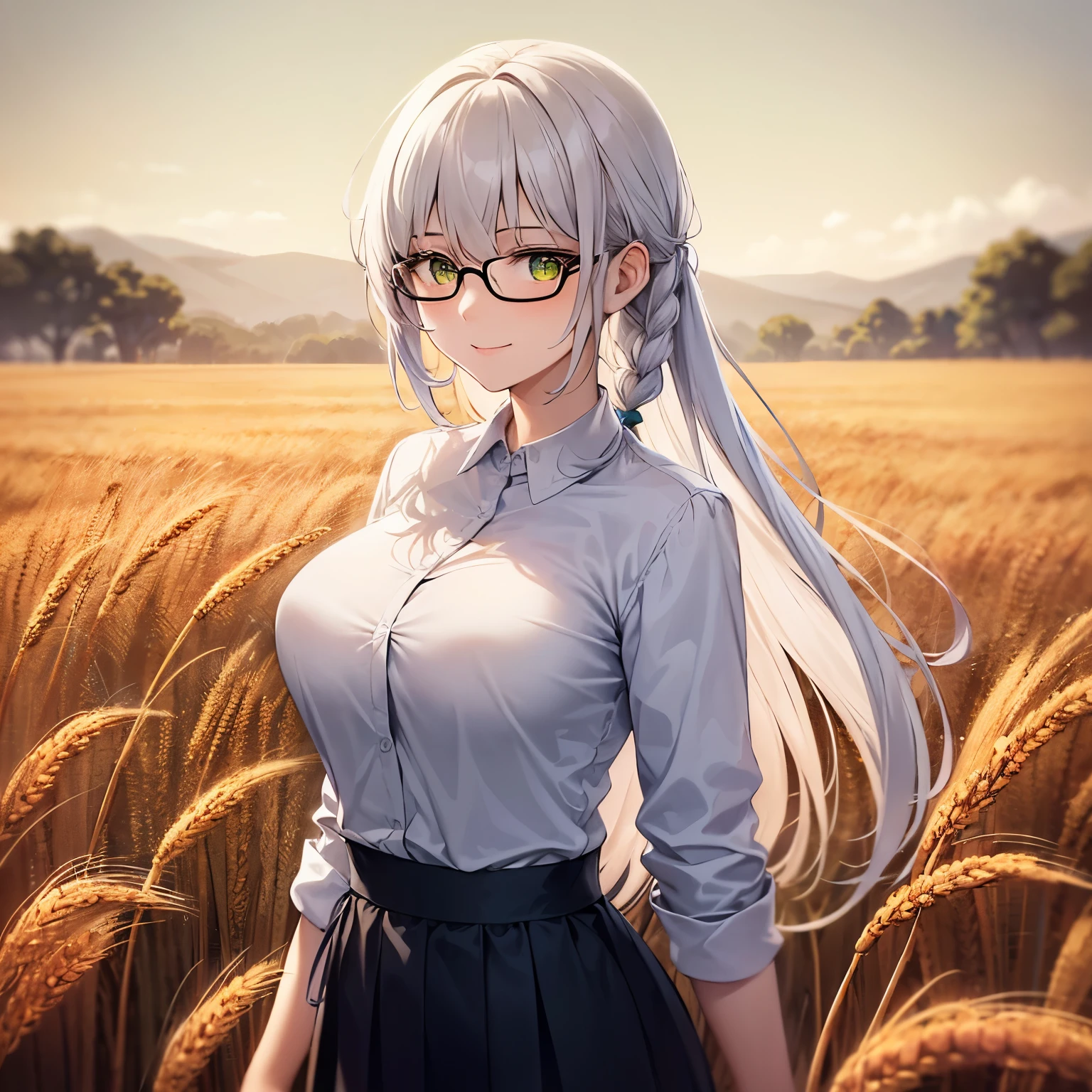 white haired young woman, 25 years old, body, golden eyes, long hair,Green braid tied in bows left and right...to wear glasses........big breasts..,, Wear a white shirt. Wear a short black skirt. from America....large white chest,With a slight smile on his face......The background is a wheat field.