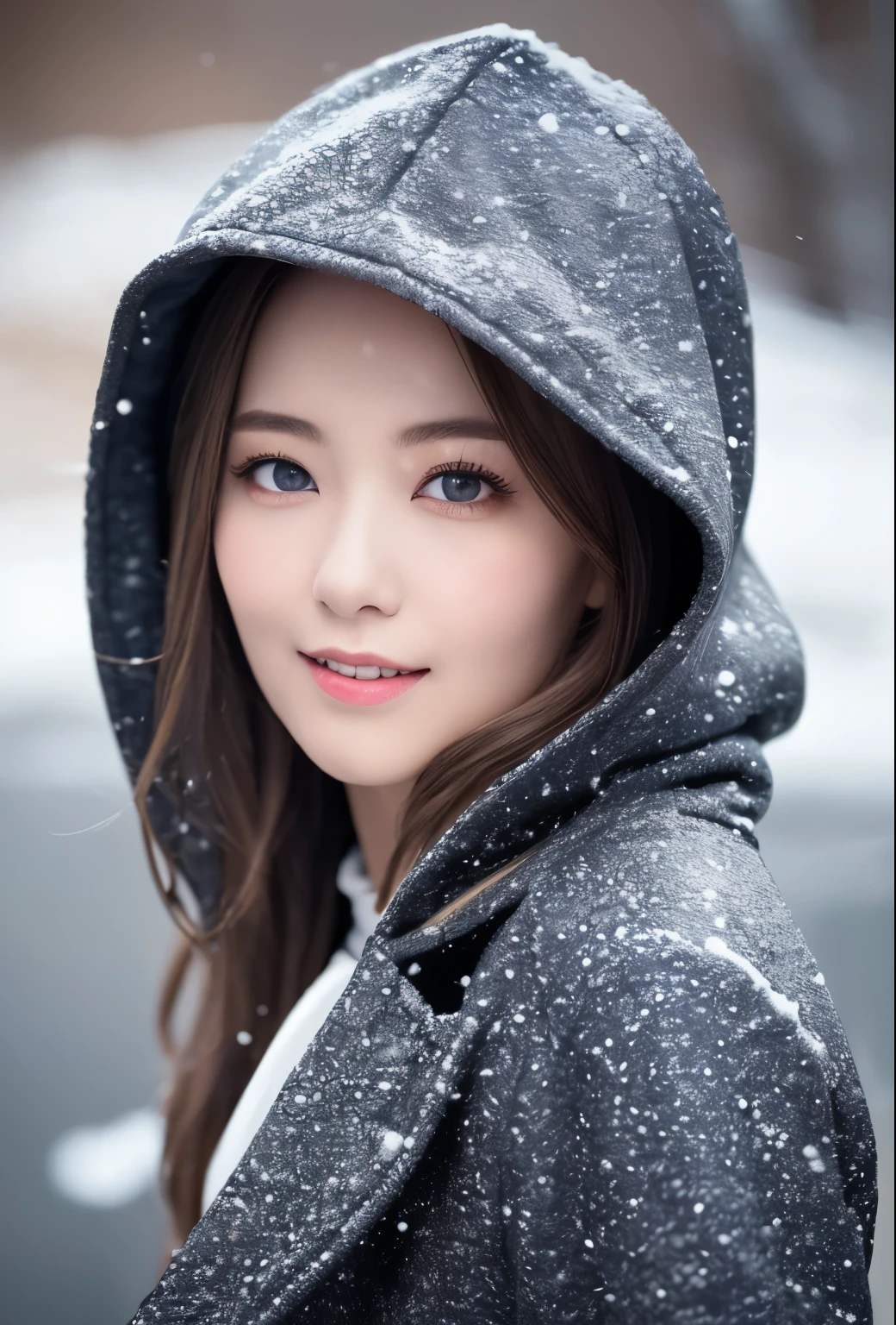 (8k, highest quality, masterpiece: 1.2), (realistic, photorealistic: 1.37), Super detailed, single girl, cute, alone, beautiful and detailed sky, snow scene, walking, realistic skin texture, (shy smile: 1.15), small breasts (closed your mouth), beautiful small eyes, Floating hair NovaFrogStyle, hooded coat, Super high quality, cowboy shot