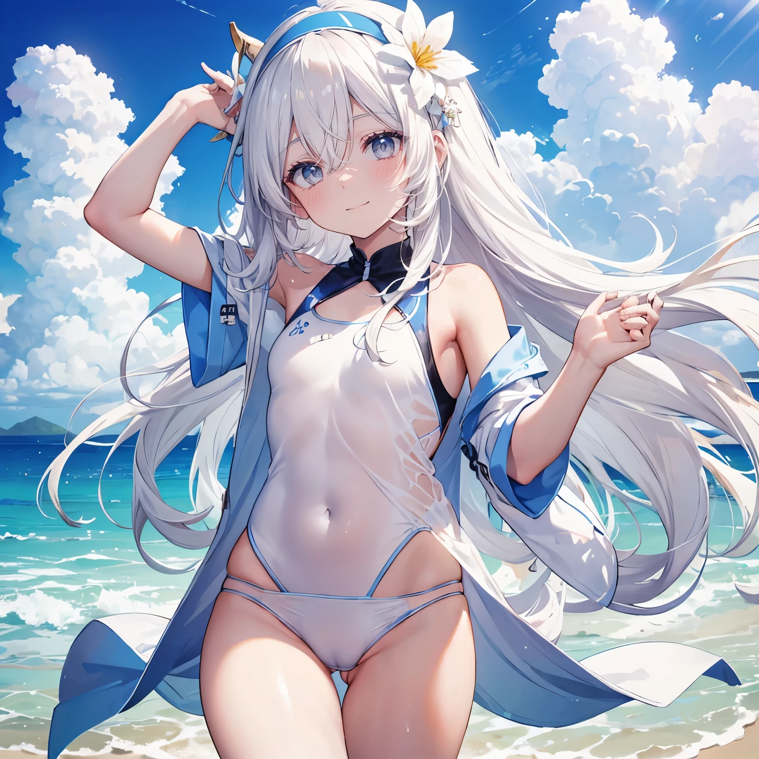 White color hair,long hair,Bangs,Bangs整齐,White headband,Hairband with flowers on it,gray eyes,girl,swimsuit,camel toe,happy expression,Background beach blue sky and white clouds