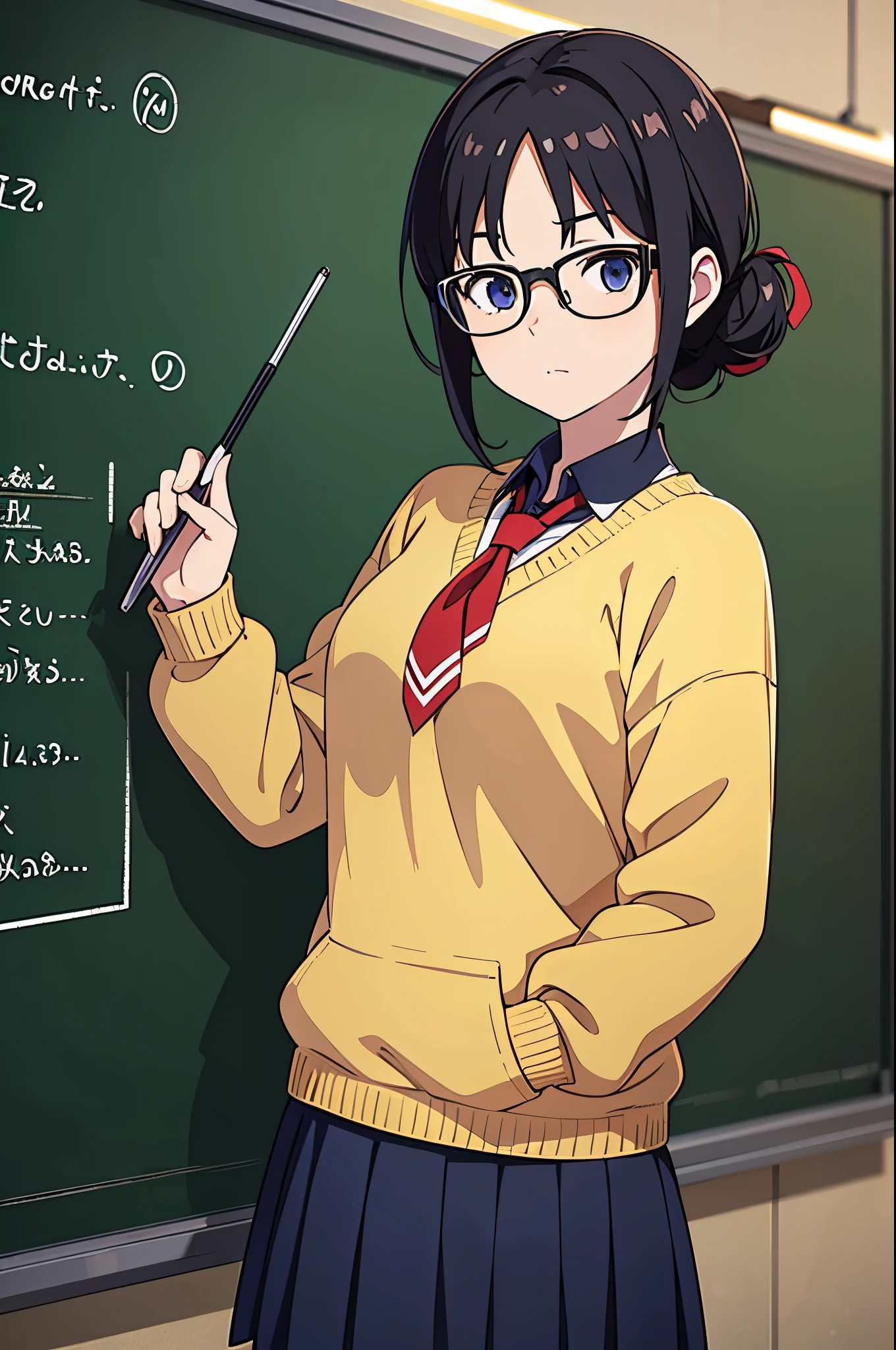 (best quality,8k,masterpiece:1.3),anime,background,teacher in glasses,standing next to the blackboard,school