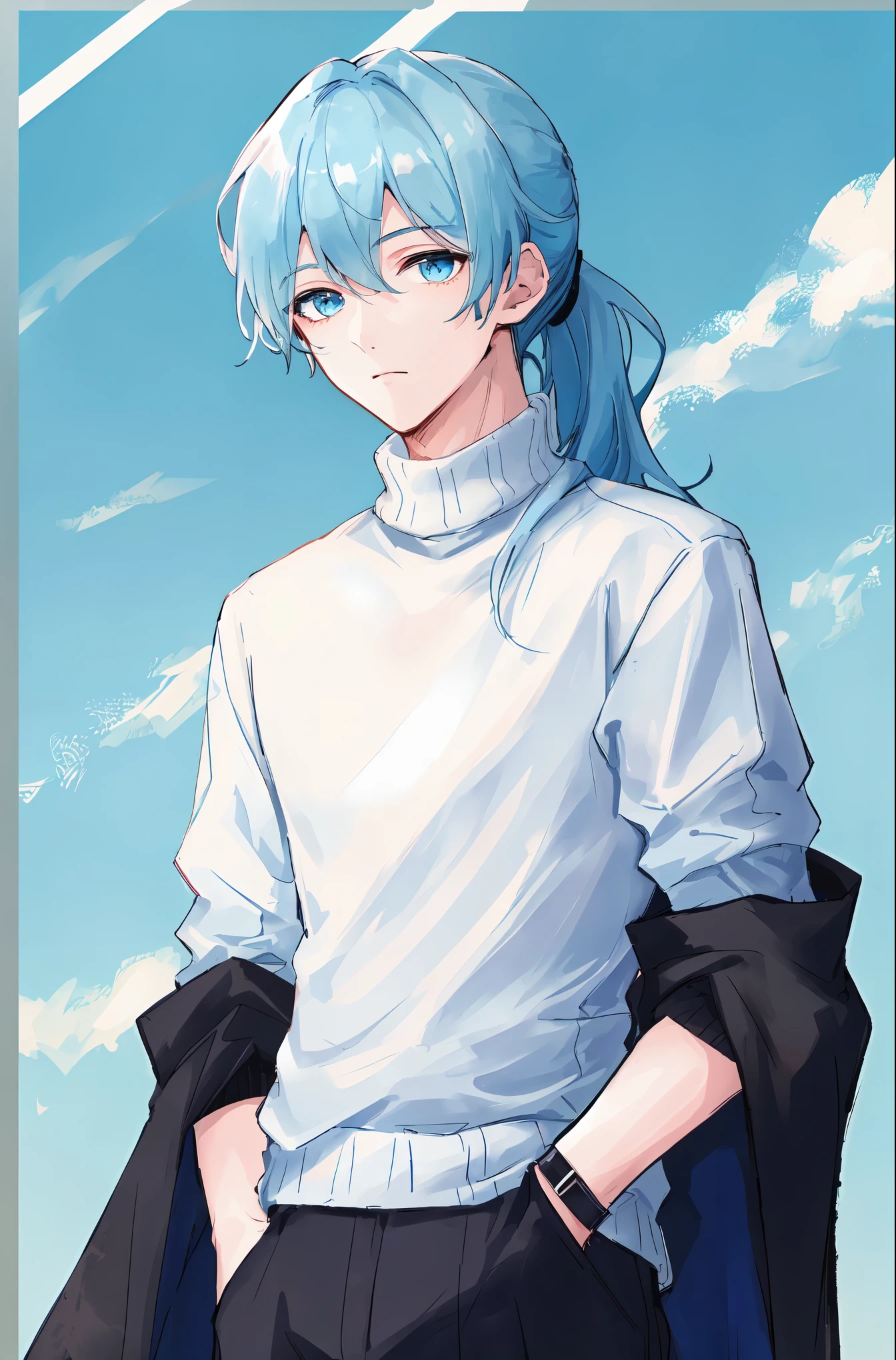(((Ultra-HD-quality-details, relaxed))) emphasized-details:2, 1boy, handsome, turtleneck-sweater, pants, cloak, (((light-blue-hair, high-ponytail, light-blue-eyes)))