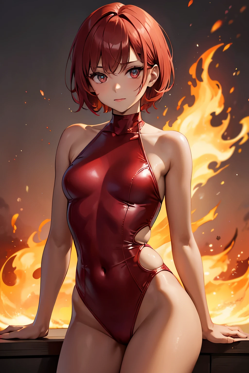 beautiful tanned woman, very small red clothes, short hair made of flames