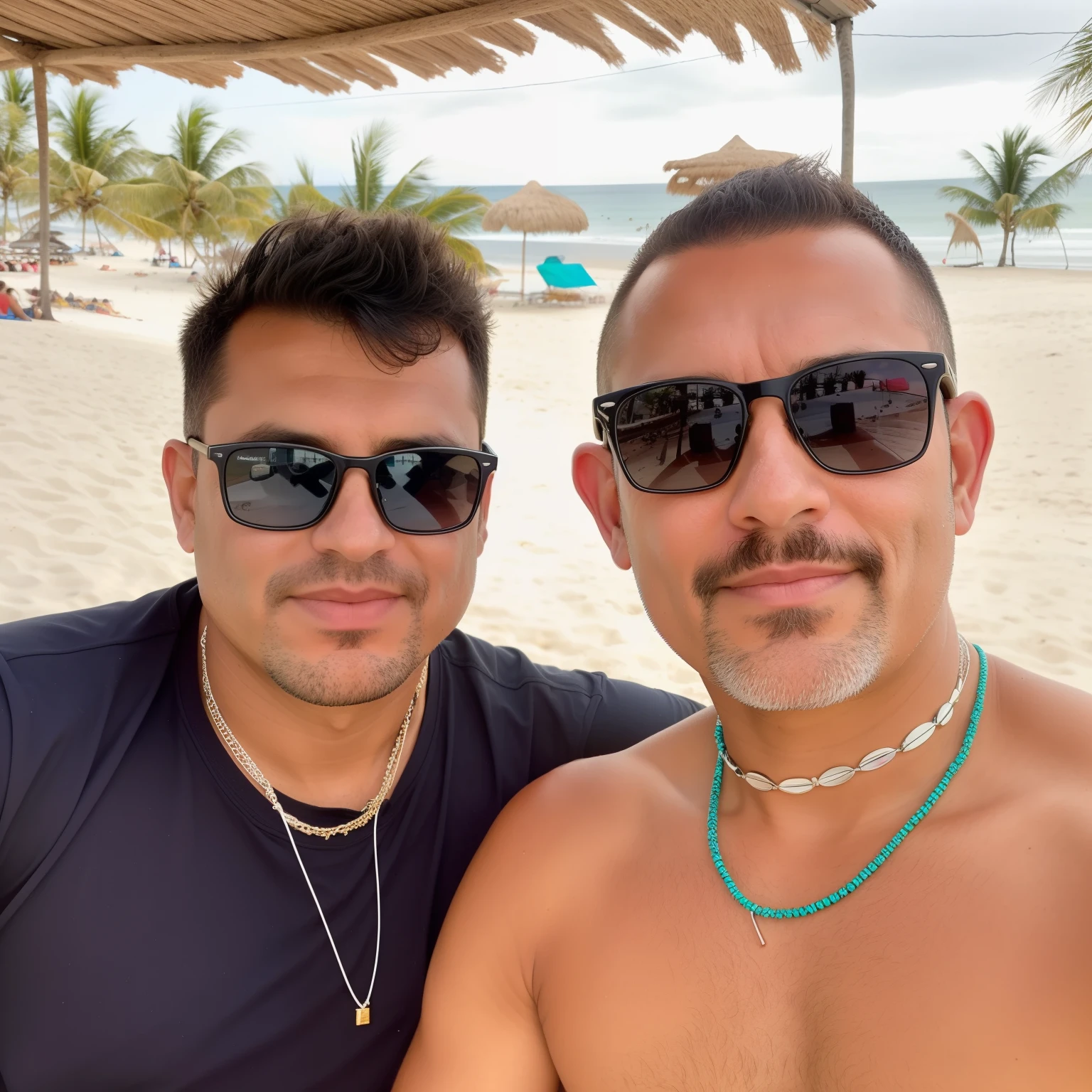 there are two men sitting on a beach with sunglasses, homens de 45 anos, Mars Ravelo e Greg Rutkowski, barabas miklos e hollosy simon, imagem de perfil, postagem no instagram, na praia, imagem de perfil, postagem no Facebook, dois homens bonitos, vacation photo, na praia, na praia