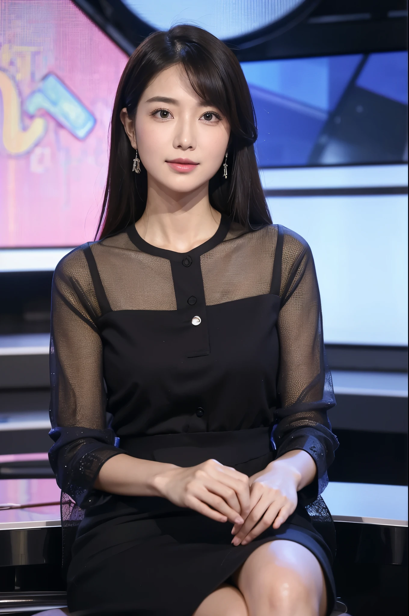 masterpiece, best quality, extremely detailed, hyperrealistic, photorealistic, a pretty announcer, a detailed studio, during the news program, sitting, ultra detailed face