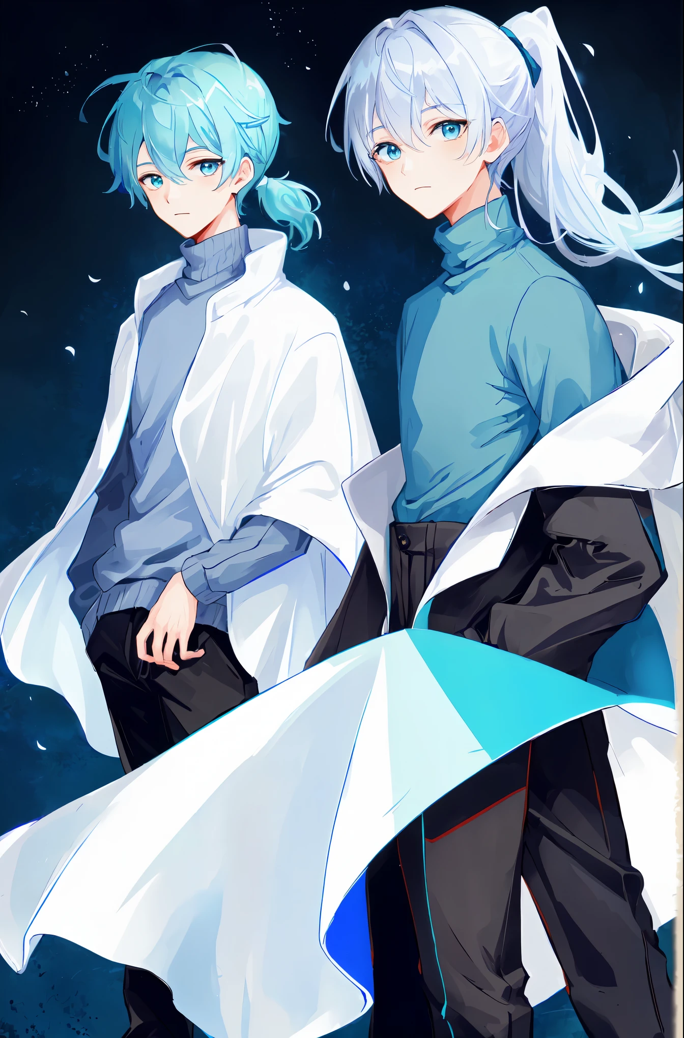 (((Ultra-HD-quality-details, relaxed))) emphasized-details:2, 1boy, handsome, turtleneck-sweater, pants, cloak, (((light-blue-hair, high-ponytail, light-blue-eyes)))