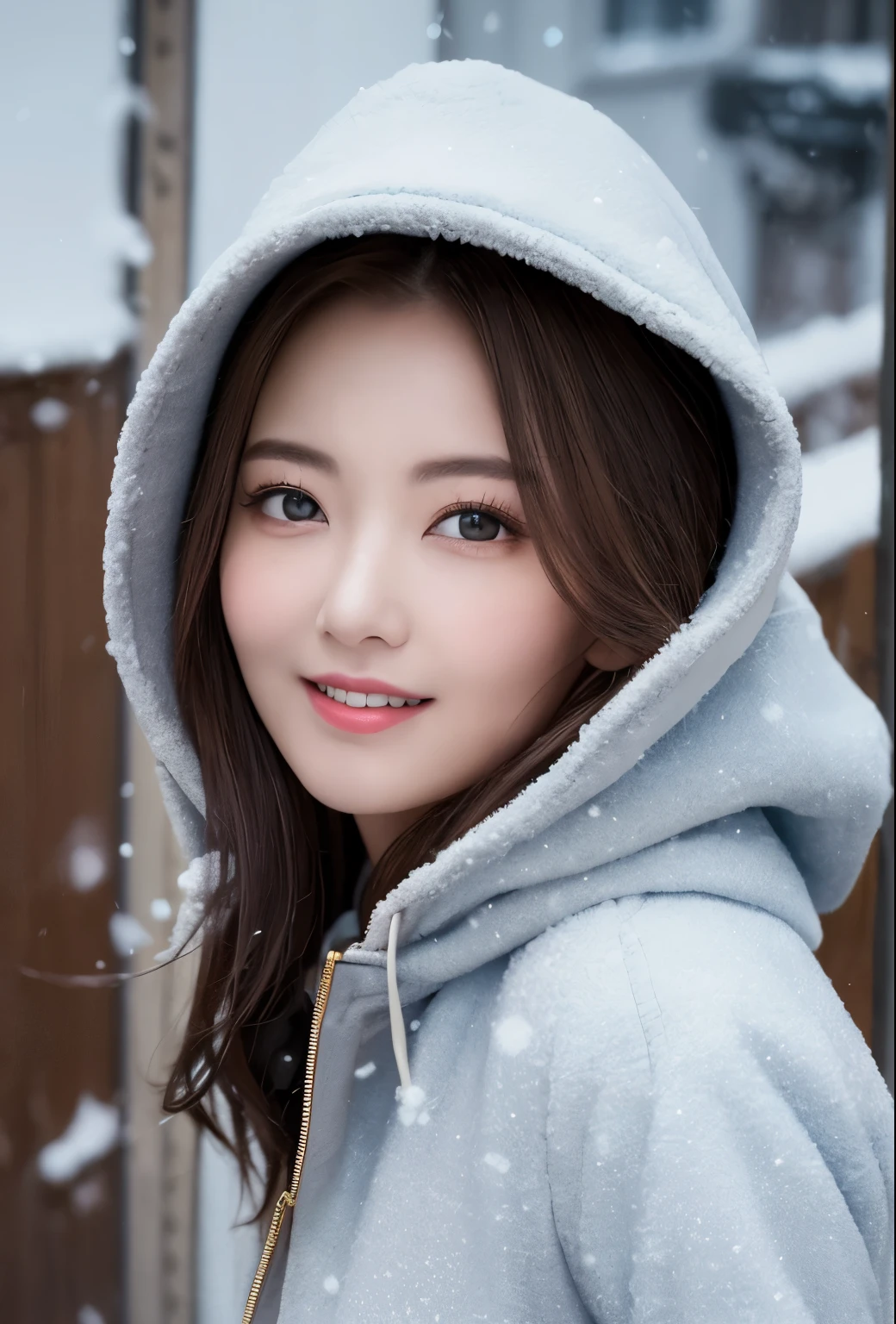 (8k, highest quality, masterpiece: 1.2), (realistic, photorealistic: 1.37), Super detailed, single girl, cute, alone, beautiful and detailed sky, snow scene, walking, realistic skin texture, (shy smile: 1.15), small breasts (closed your mouth), beautiful small eyes, Floating hair NovaFrogStyle, hooded coat, Super high quality, cowboy shot