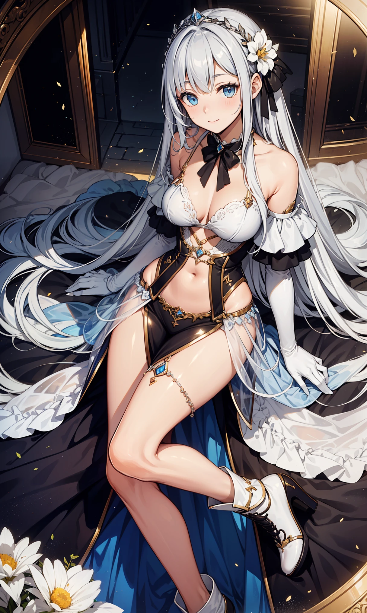 saints,Elegant and charming,having fun,in love,(Fantasy world transparent white dress),black gloves,silver hair,blue eyes,see through transparent clothes,Exquisite hair accessories,Transparent lace,Sky blue pattern,night,dress nicely,bedroom,night,Carved suspender boots,Super super details,Holy Mist,light particles