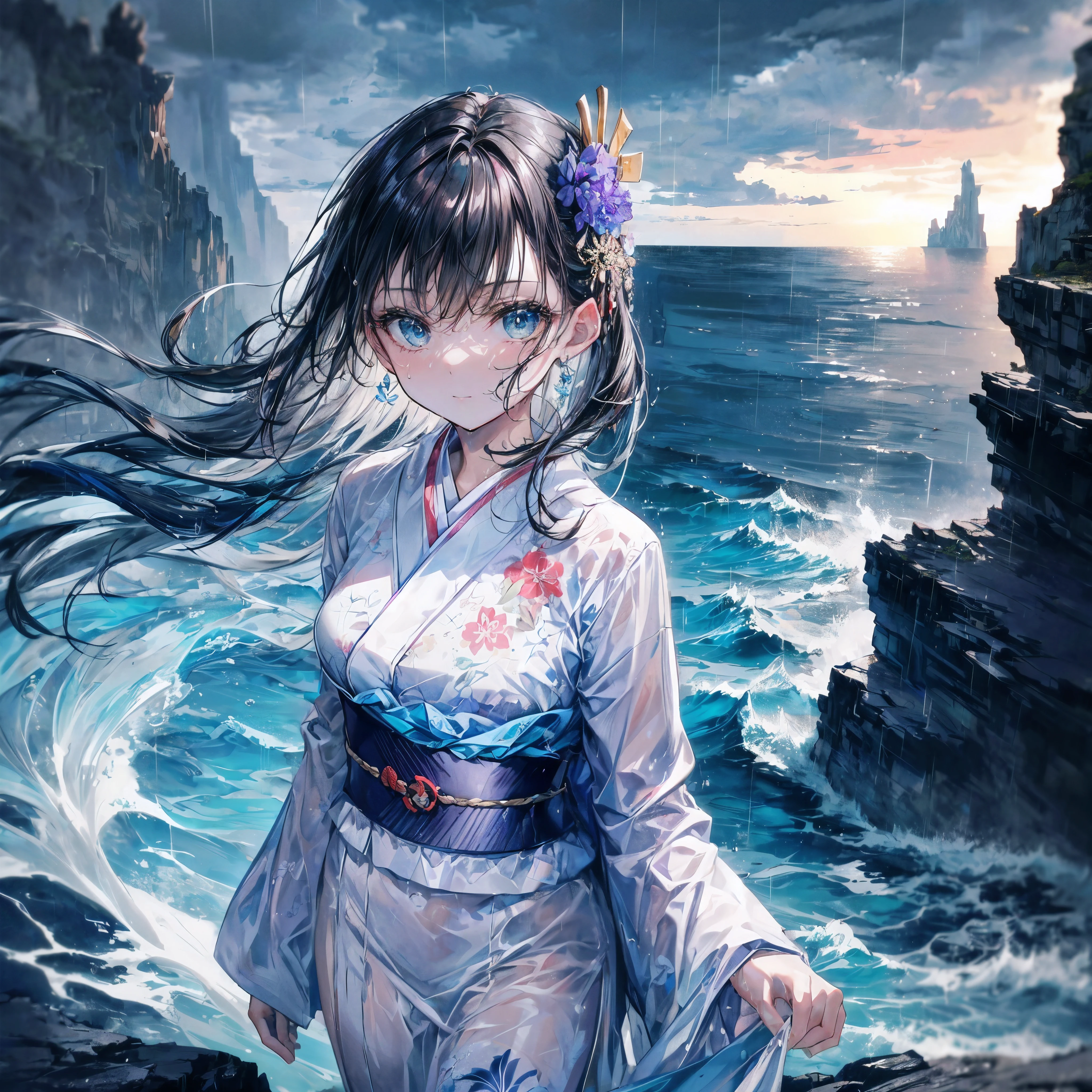 (A 7 year old girl:1.2), (Very young ), (alone), (small breasts:1.1), (wide angle), bitter smile, original photo, Atmospheric distance perception, Aesthetic, complex, won, chiaroscuro, best quality, Detailed background, Shiny, (hazy atmosphere:1.2), (cloudy day),((Girl in white 棉质kimono:1.2)), 棉质kimono, 棉质kimono, best wrinkles, real wrinkles, Best shadows, strong wind, (walk through (薄雾黑暗岩石cliff)), ((rainy, downpour, raindrop)), (real location), Exquisite and beautiful eyes, casual gesture, Detailed texture, pose, (anatomically correct body, Detailed face, (非常Detailed texturekimono与花卉图案), (wet, wet face, slime wrap, ((very wet) 纹理kimono), (wet hair), (black hair), thick hair, hair accessories, kimono, Heart, Outdoor activities, 色彩缤纷的kimono, sash, ((cliff), the sea below cliff, (rough sea, spray), Beautiful and detailed sea water),Sky, wide sleeves, yukata, ((cloudy, rainstorm))