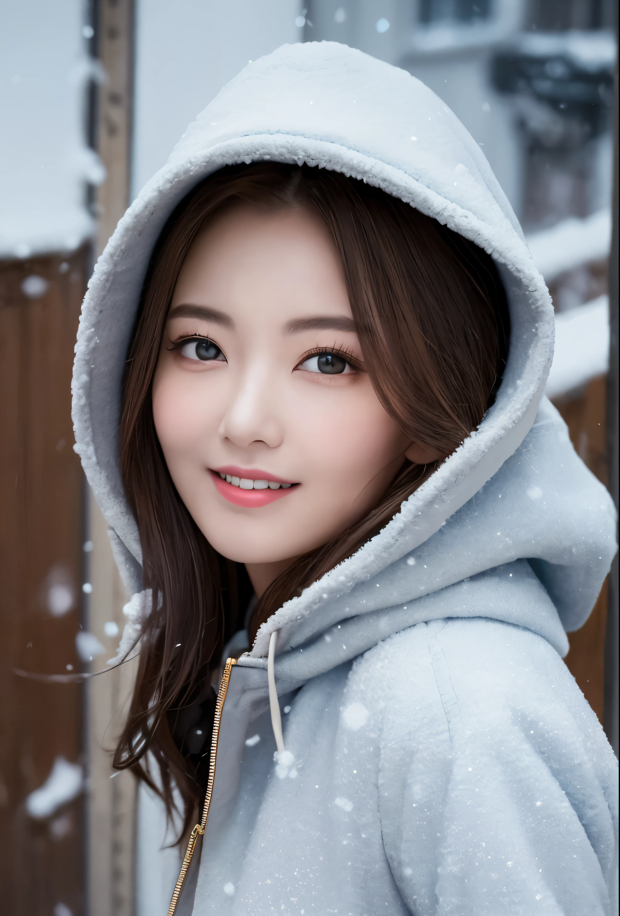(8k, highest quality, masterpiece: 1.2), (realistic, photorealistic: 1.37), Super detailed, single girl, cute, alone, beautiful and detailed sky, snow scene, walk, realistic skin texture, (shy smile: 1.15), small breasts (closed your mouth), Beautiful little eyes, Floating hair NovaFrogStyle, hooded coat, super high quality, cowboy shot