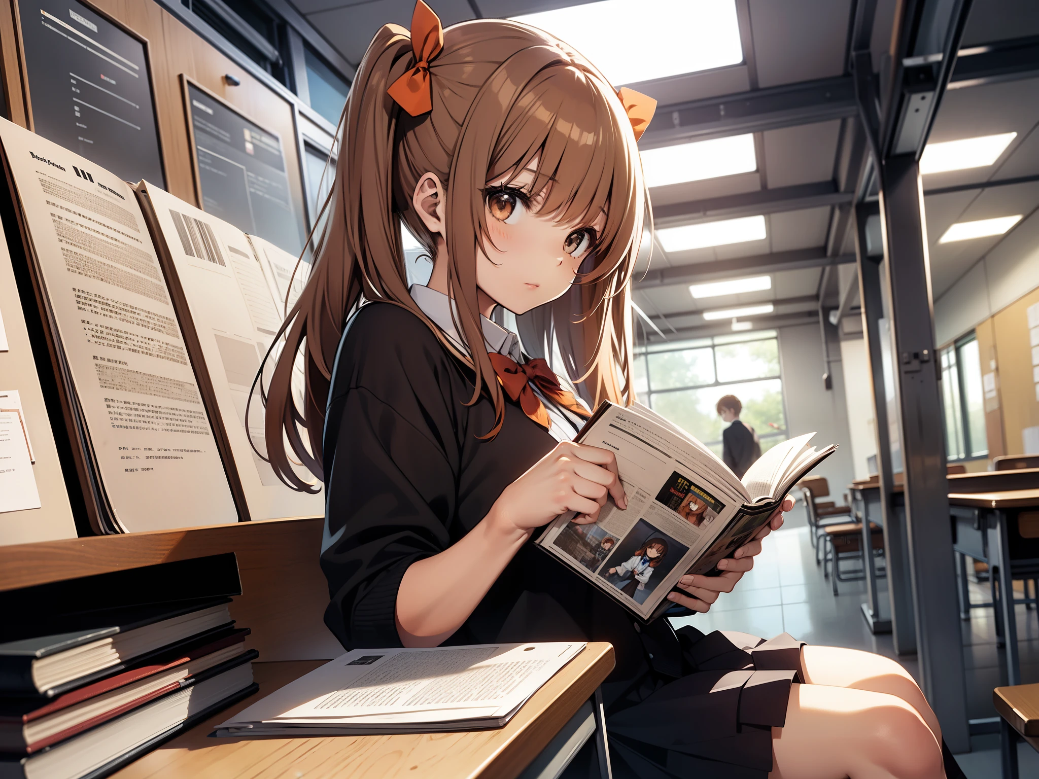 1girl, book, brown eyes, brown hair, hair ribbon, looking at viewer, magazine \(object\), manga \(object\), orange hair, reading, ribbon, school uniform, sitting, solo, twintails