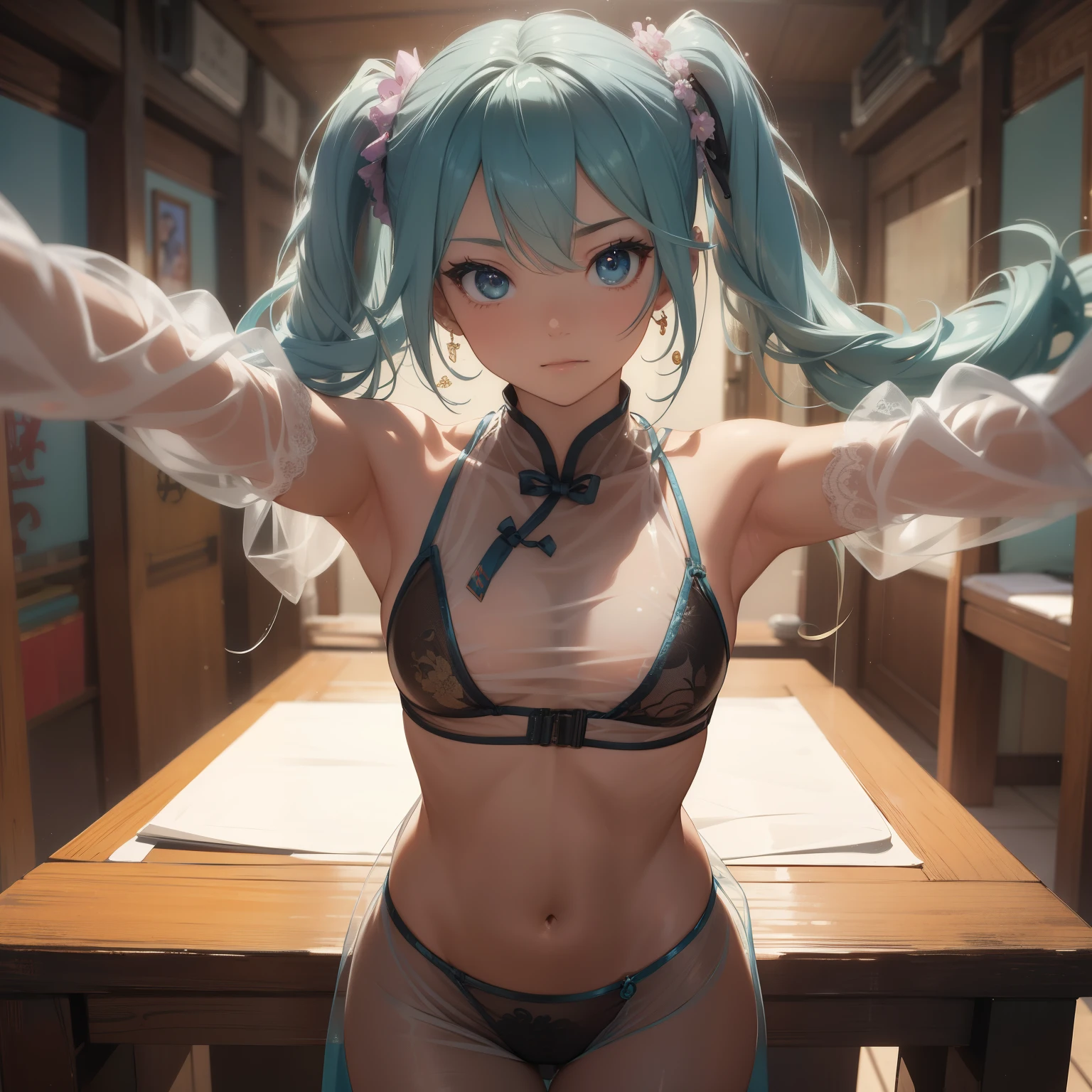 (quality)), ((masterpiece)), Recommended results、puffy nipples、(see through:1.5)、straighten your back、abdominal muscles、huge bust、angle to floor:1.2、low camera angle、Hair loss on crotch,Hatsune Miku,((masterpiece, 最好的quality)), Detailed face, perfect proportions,full of details, Cute poses and expressions, Very detailed, Tempting,delicate eyes, cheongsam,Kung Fu Girl
