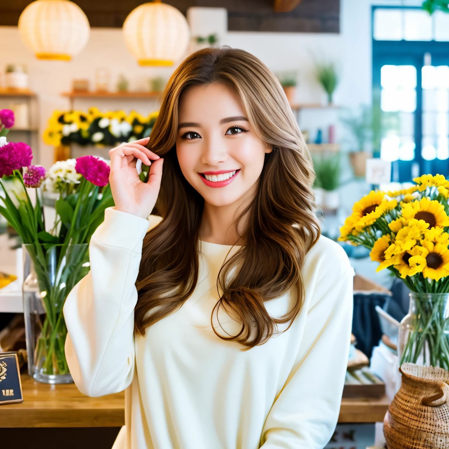 (highest quality、table top、8k、best image quality、Award-winning work)、Beauty of Spain、Spanish face、flower shop clerk、brown eyes、golden and brown hair、beautiful wavy hair、blurred background、The most natural and perfect flower shop interior、The store is decorated with many flowers...、There are many flowers lined up in the store...、Look back with a smile、long sleeve sweatshirt、The most natural and perfect apron、big breasts、emphasize the fullness of the chest、look at me with the best smile、very bright and vivid、perfect makeup、long eyelashes、close up of face、ultra high resolution glossy lips、Super high resolution glossy skin、super high quality hair、Super high-definition sparkling eyes、Super high resolution perfect teeth、Ultra high definition beauty face、Perfect flower shop interior in ultra high resolution
