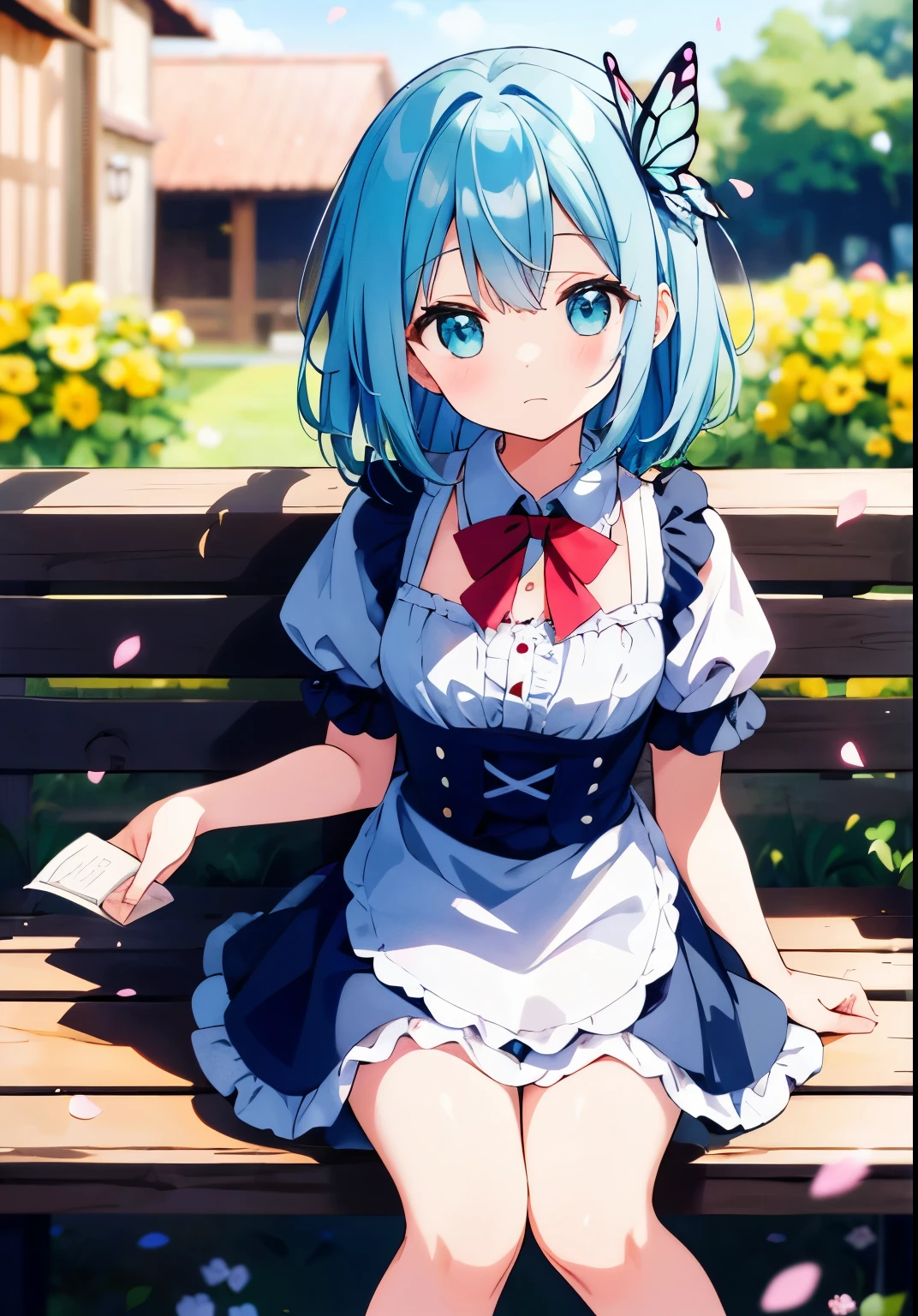 ((s○l○:1.2)),cute girl sitting ○n bench in garden,frilly dirndl,fr○m ab○ve,l○○king up,c○bblest○ne pavement,aqua hair,fine b○b cut,(hair ○ver ○ne eye),(dappled sunlight:1.2),blurry,(depth ○f field:1.1),head tilt,:○,(petal),wood,butterfly