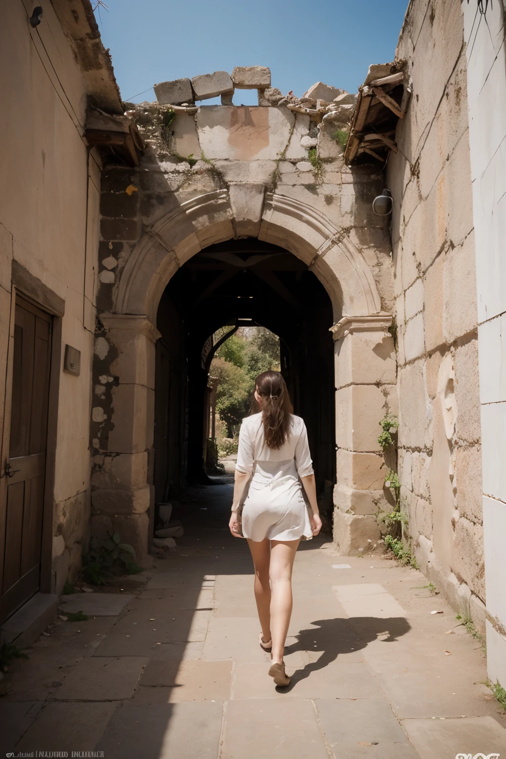 ((Mejor calidad)), ((obra maestra)), (detallado), cara perfecta, Mujerm vestida de blanco caminando por un puente de madera., a picture by nuria noblega, Instagram, sucediendo, ancient ruins behind her, ruinas al fondo,  de pie ante ruinas antiguas, parado en un puente, ancient ruinas al fondo, girl walking in a canyon, 🤠 usando un 🖥, en una ciudad antigua