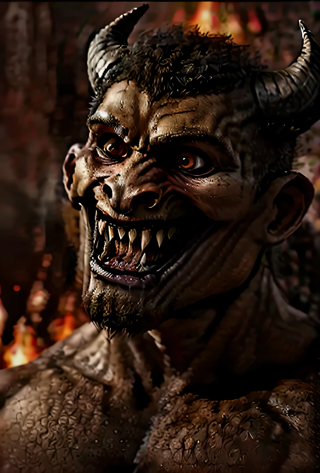 man devil face, red, horns, teeth, laughing, scary face, fire background